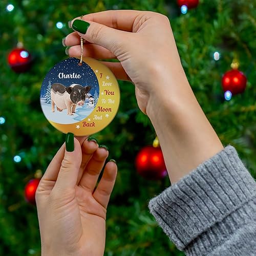 Miniatura 4 de Love You to The Moon and Back - Mini cerdo personalizado con nombre personalizado, adornos de Navidad, círculo blanco de cerámica 2024, regalos para