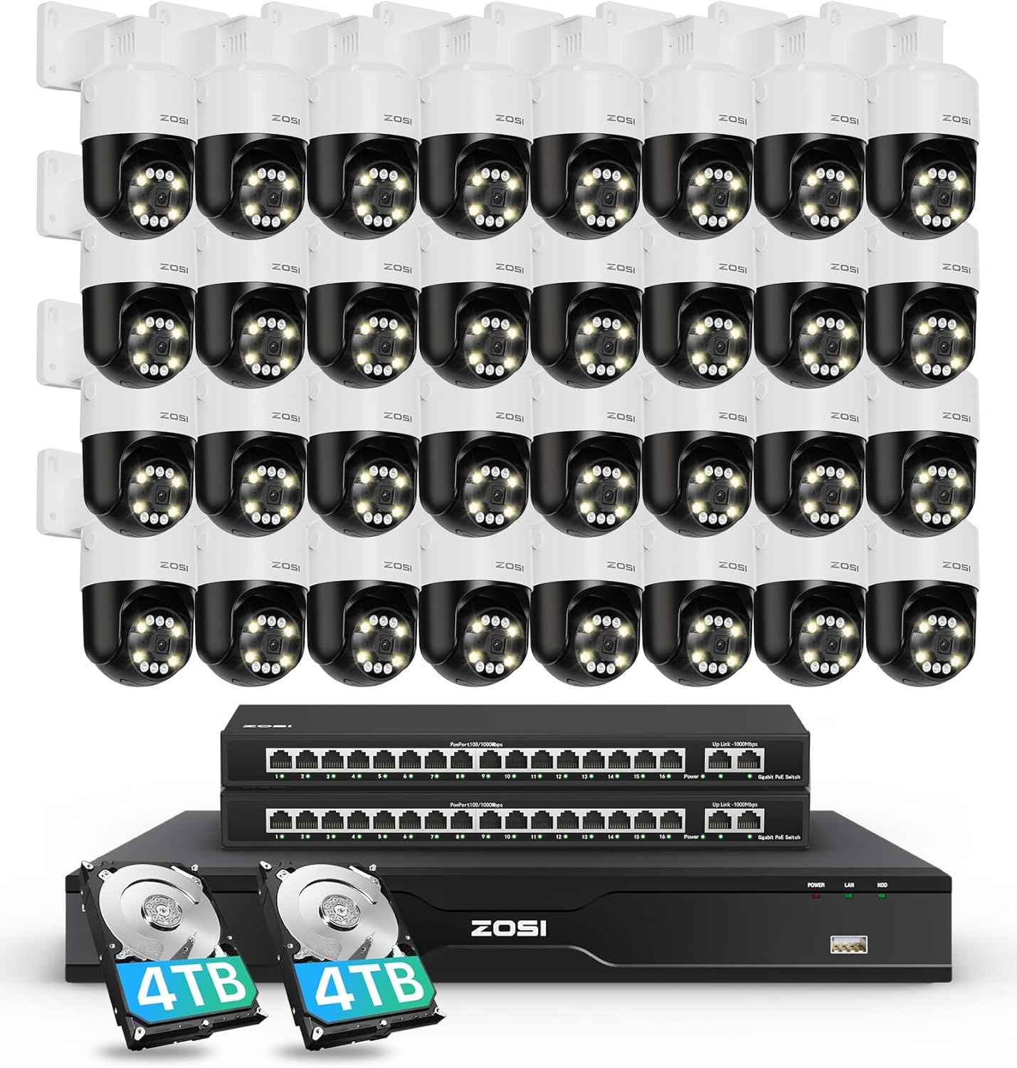 ZOSI 32CH 4K PoE Security Camera System,32pcs 8MP Pan/Tilt Outdoor IP Cameras,Auto Human Tracking,Person/Vehicle Detection,Color Night Vision,2-Way Audio,32CH NVR with 8TB HDD for 24/7 Recording