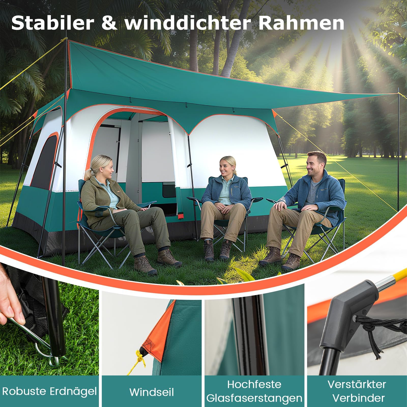 GYMAX Tunnelzelt 4-10 Personen, Wasserdicht 3000mm, Stehhöhe 1,8-2m, Camping Zelt mit 2 Eingänge, Vordach & abnehmbares Doppeldach, große Familienzelt für Camping, Reise & Trekking