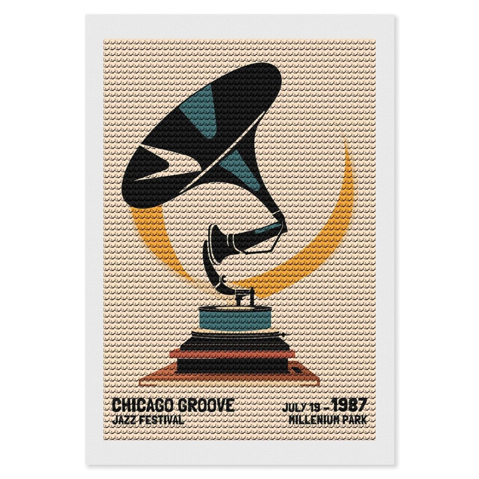 Junmoney Chicago Groove Jazz Festival Full Drill Diamond Painting Kit 8"x12", for Teens, Adhesive Canvas, Bedroom Decor, Holiday Gift Idea
