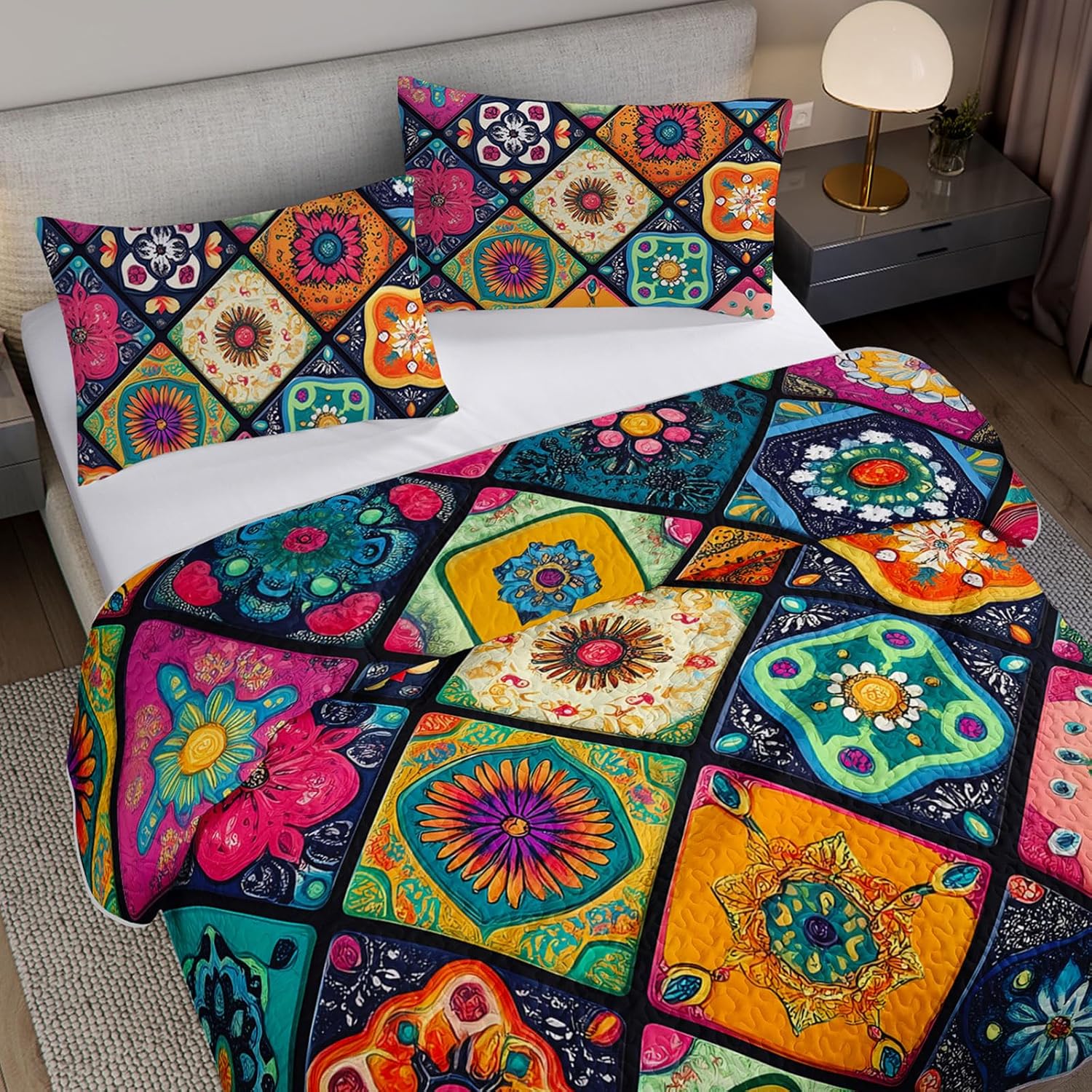 Axolotl Boho Mandala Quilt Set Twin, Mexican Talavera Quilt Coverlet for Women, Bohemian Retro Abstract Bedspread, 3Pcs Exotic Flowers Geometric Bed Coverlet, Cozy Bedspread with 2 Pillowcases