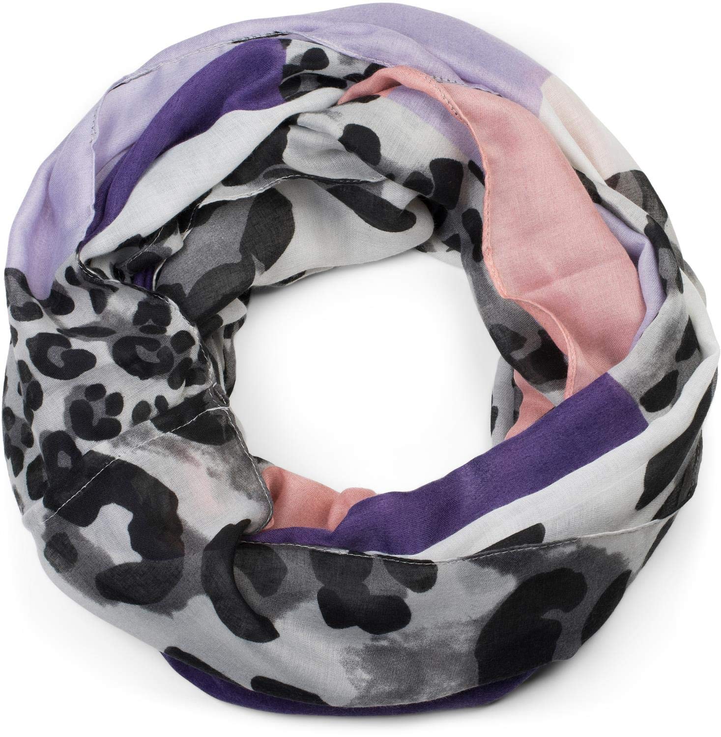 Stylebreaker Women's Violet-Lilac-Altrose Tube Scarf With Leopard Animal Print Pattern And Colour Blocking Patches, Snood, Shawl 01016182, Colour: