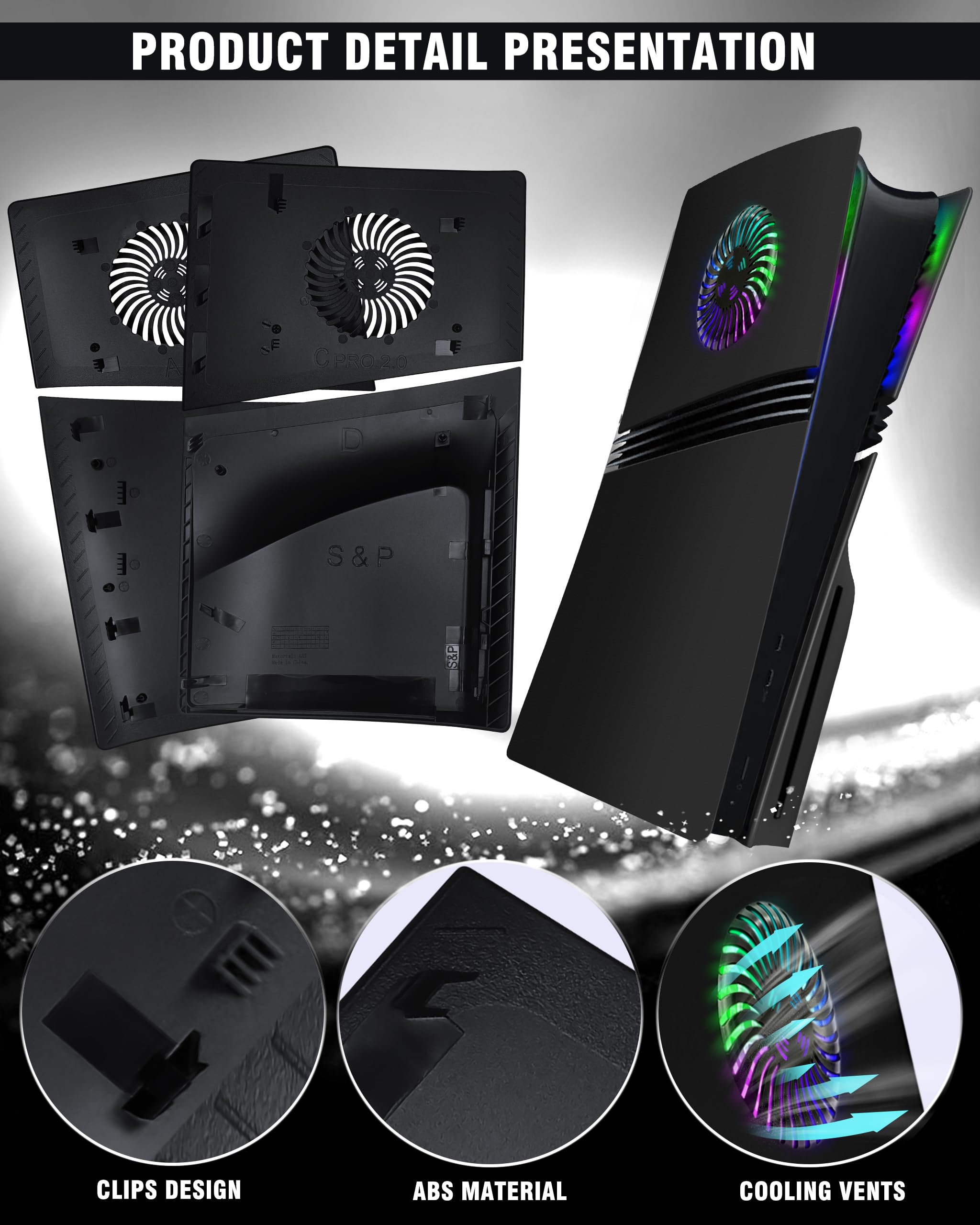 Joso Pannello frontale per PS5 Pro Disc Edition, custodia di ricambio antigraffio antipolvere con anello RGB, copertura adatta per PS5 Pro (CD-ROM), piastre per accessori PS5 Pro, nero