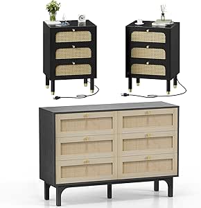 Amazon.com: VINGLI Rattan Dresser and Nightstands Sets 3 Piece (Black) : Home & Kitchen