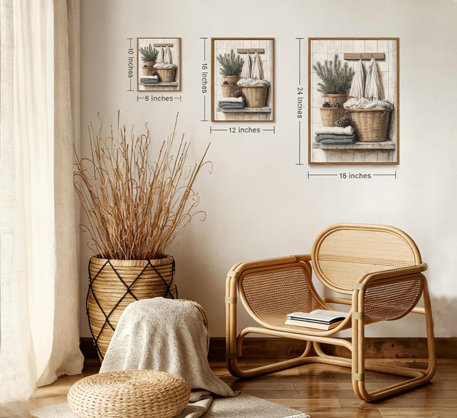 Framed Farmhouse Bathroom Counter Canvas Wall Art Rustic Neutral Towel And Plants Corner Painting Picture Wall Decor Relax Calm Poster Print Artwork for Washroom Laundry Living Room Home Decoration