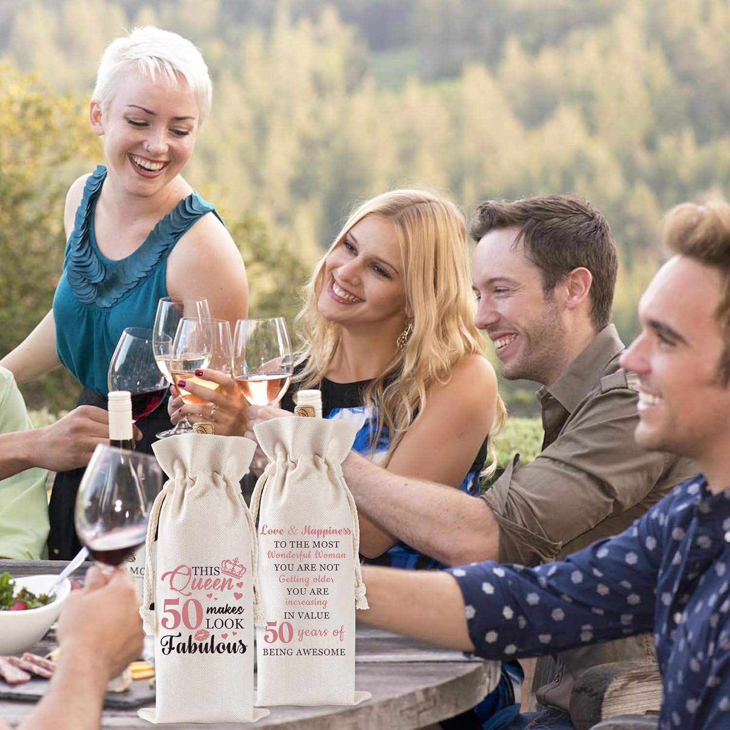 Happy Birthday Gifts Wine Bag - Elegant 50th Birthday Gift Red Wine Bag, Drawstring Burlap Wine Bottle Bag with Inspirational Quote for Women, Sisters, Mom, Lovers, Wife - Image 4