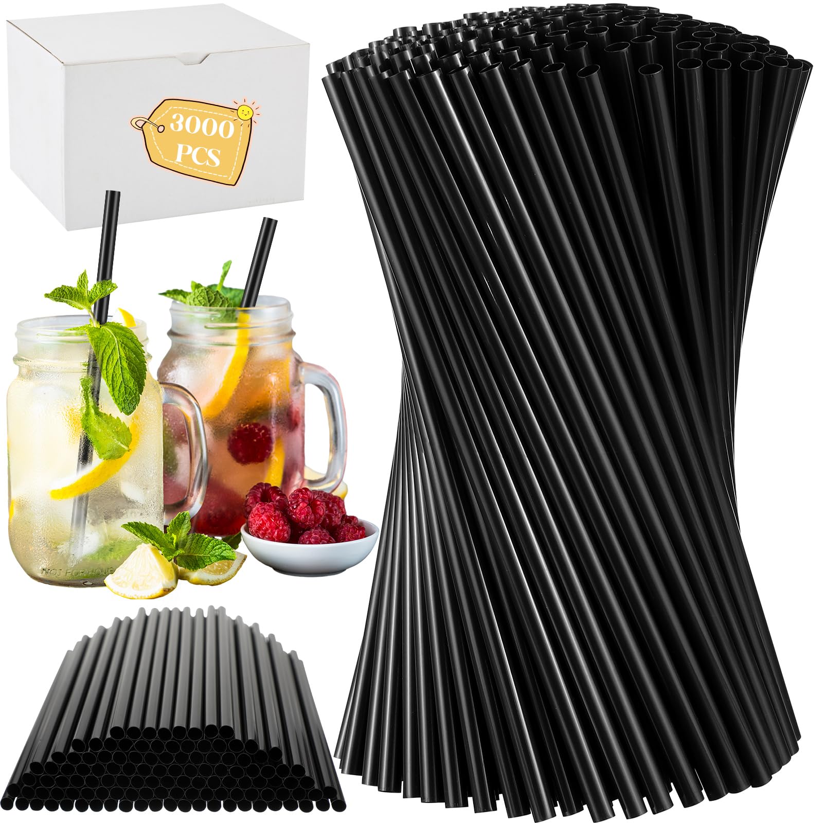 Eaasty 3000 Pcs Colorful Disposable Drinking Plastic Straws Bulk, 0.24'' Diameter and 7.87" Long Plastic Long Disposable Drinking Straws (Black)