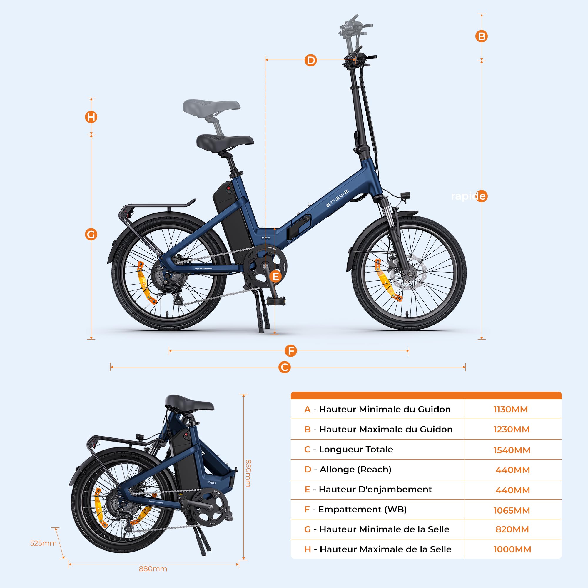 ENGWE O20 Velo Electrique Pliable,Compact Vélo électrique | Moteur de 250 W, Batterie amovible de 48 V et 15 Ah, Autonomie 80–140 km, Connectivité via une APP, Déplacements urbains