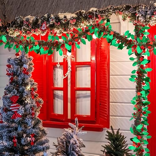 Miniatura 6 de Guirnalda de oropel de Navidad de 33 pies, guirnalda de oropel metálico rojo y verde con bayas y hojas, decoración colgante de Navidad para árbol de
