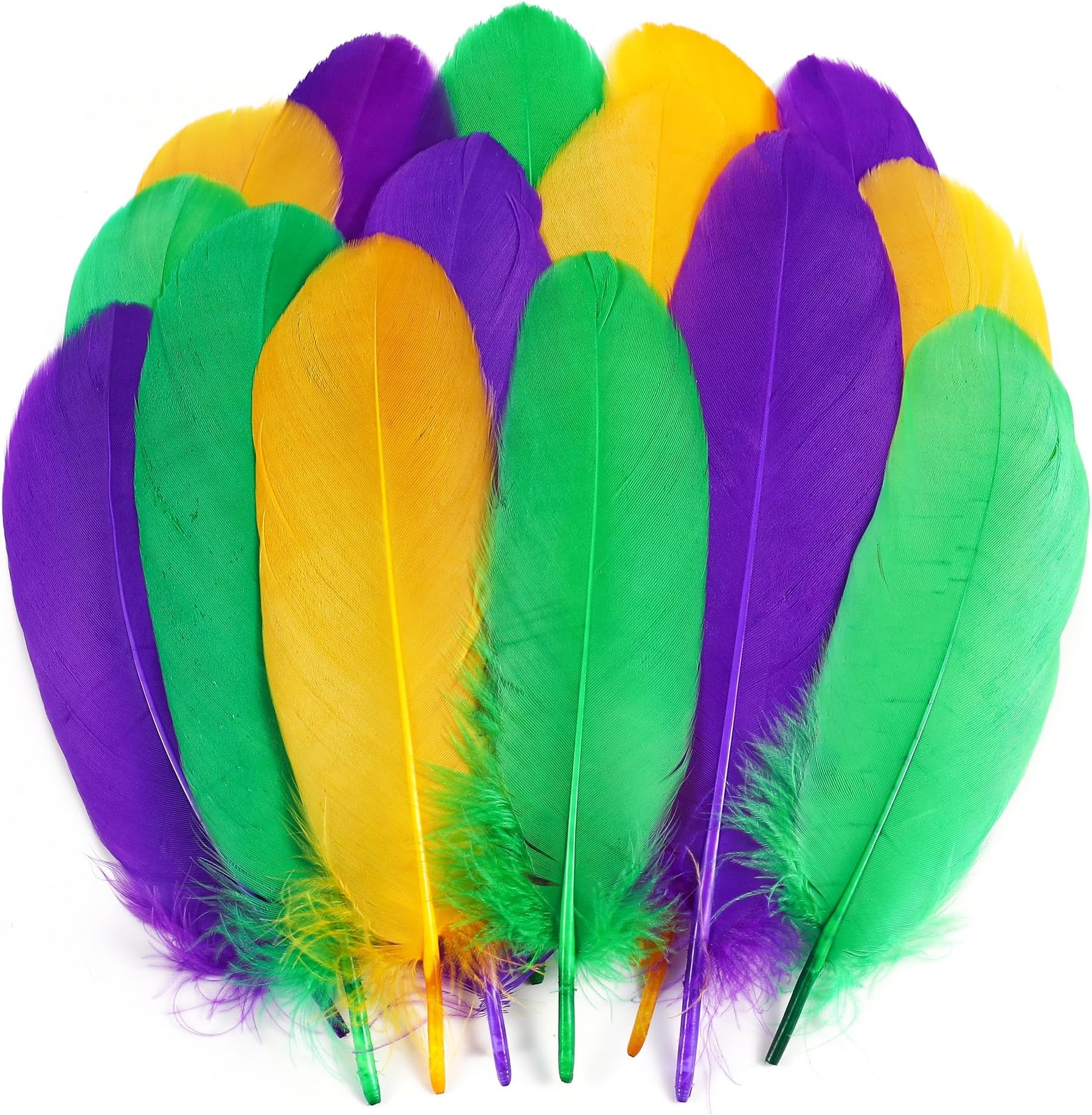 Holmgren Mardi Gras Craft Feathers Bulk - 200pcs 5-6inch Big Goose Feathers for Mardi Gras Decoration Carnival Masquerade Party Costume Decoration (Mardi Gras)