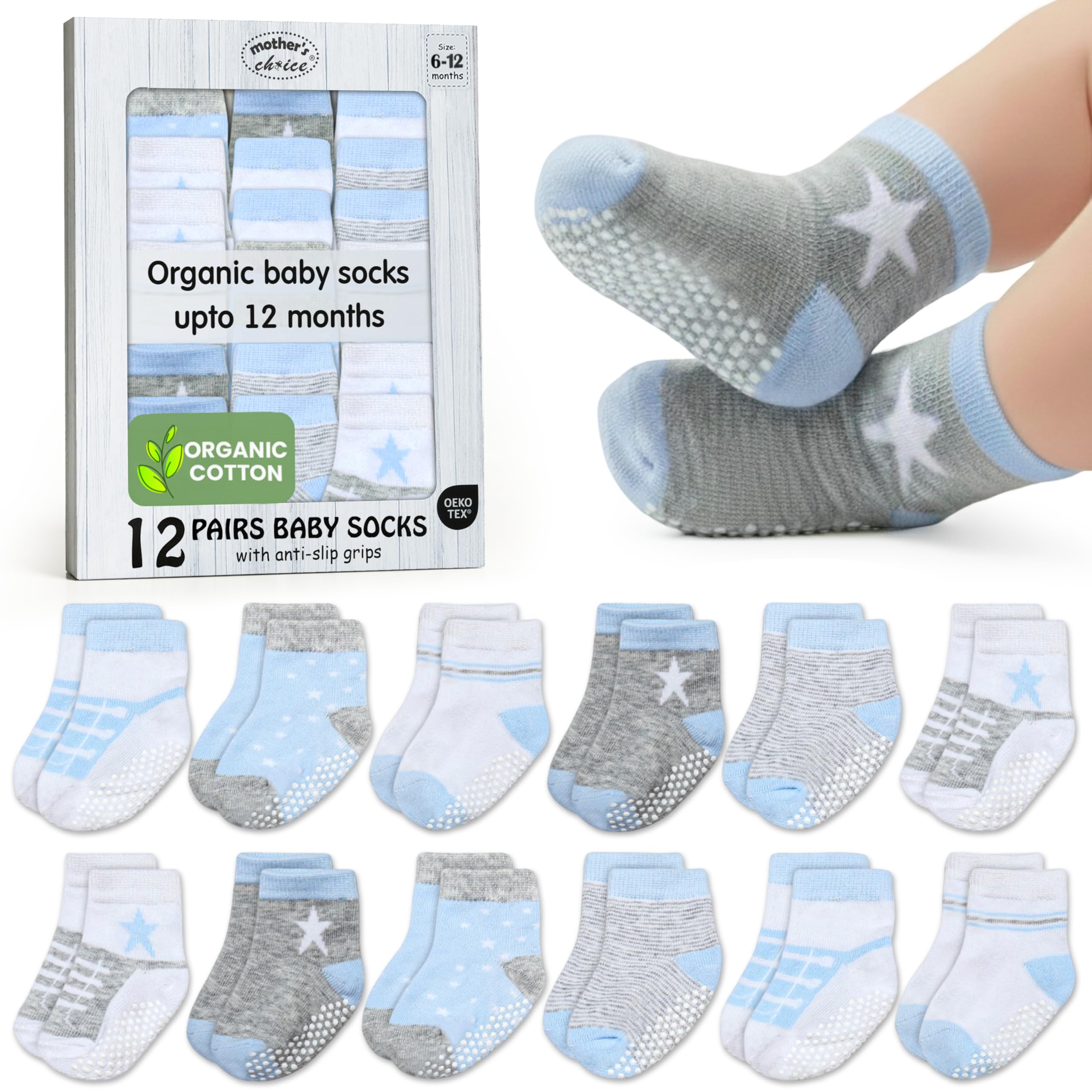 Mother's Choice Organic Cotton Baby Socks, 12 Pairs, Unisex 6-12 Months - Soft, Hypoallergenic Newborn & Infant Socks - Baby Girl & Boy Gifts