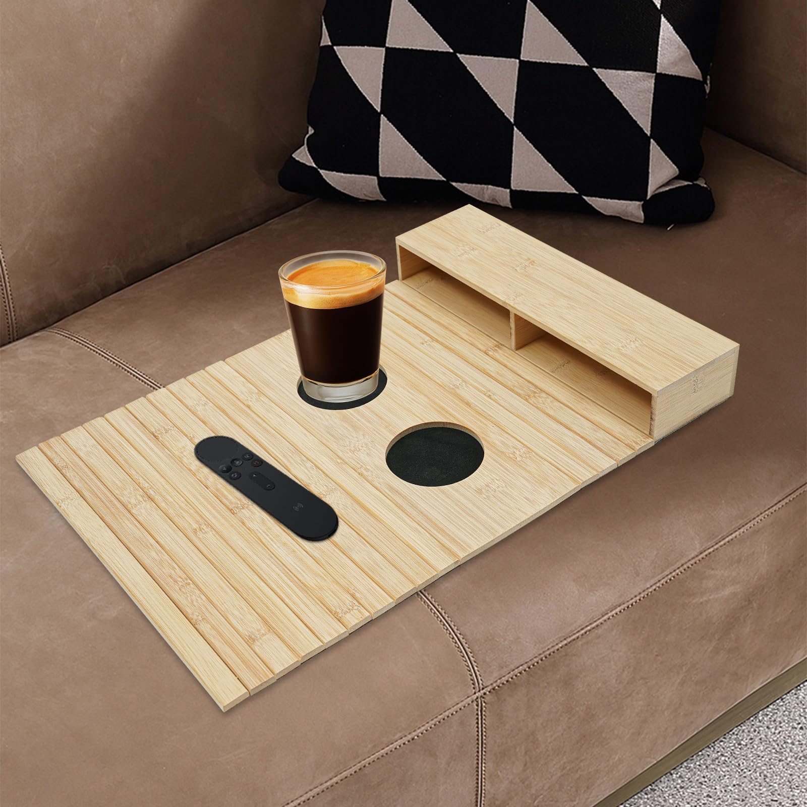 Bandeja para sofá con reposabrazos de bambú, bandeja para sofá con soporte para bebidas y 2 compartimentos, color natural