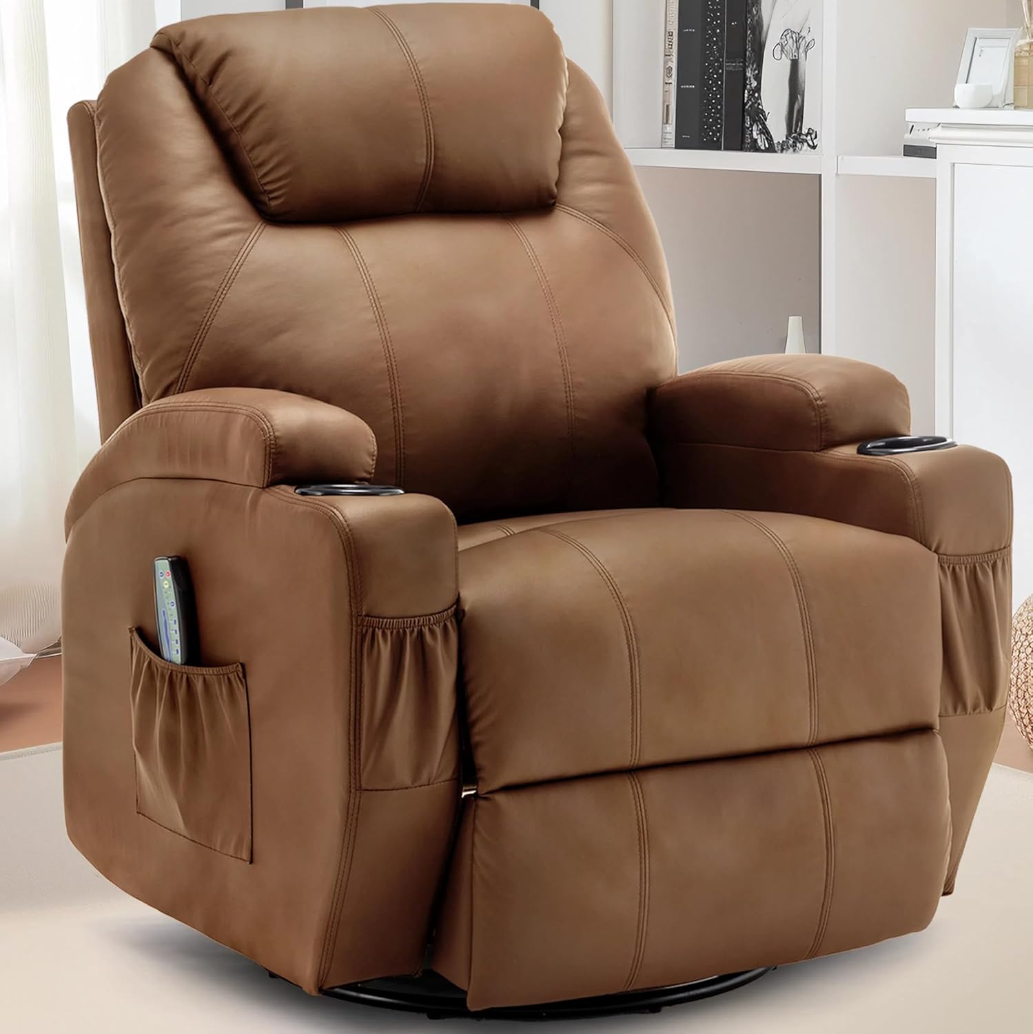Recliner Chair, Rocking Chair with Massage and Heat, 360 Swivel Recliner Chairs for Adults, Rocker Manual Recliner with Remote Control and Cup Holder for Living Room, Bedroom, Nursery