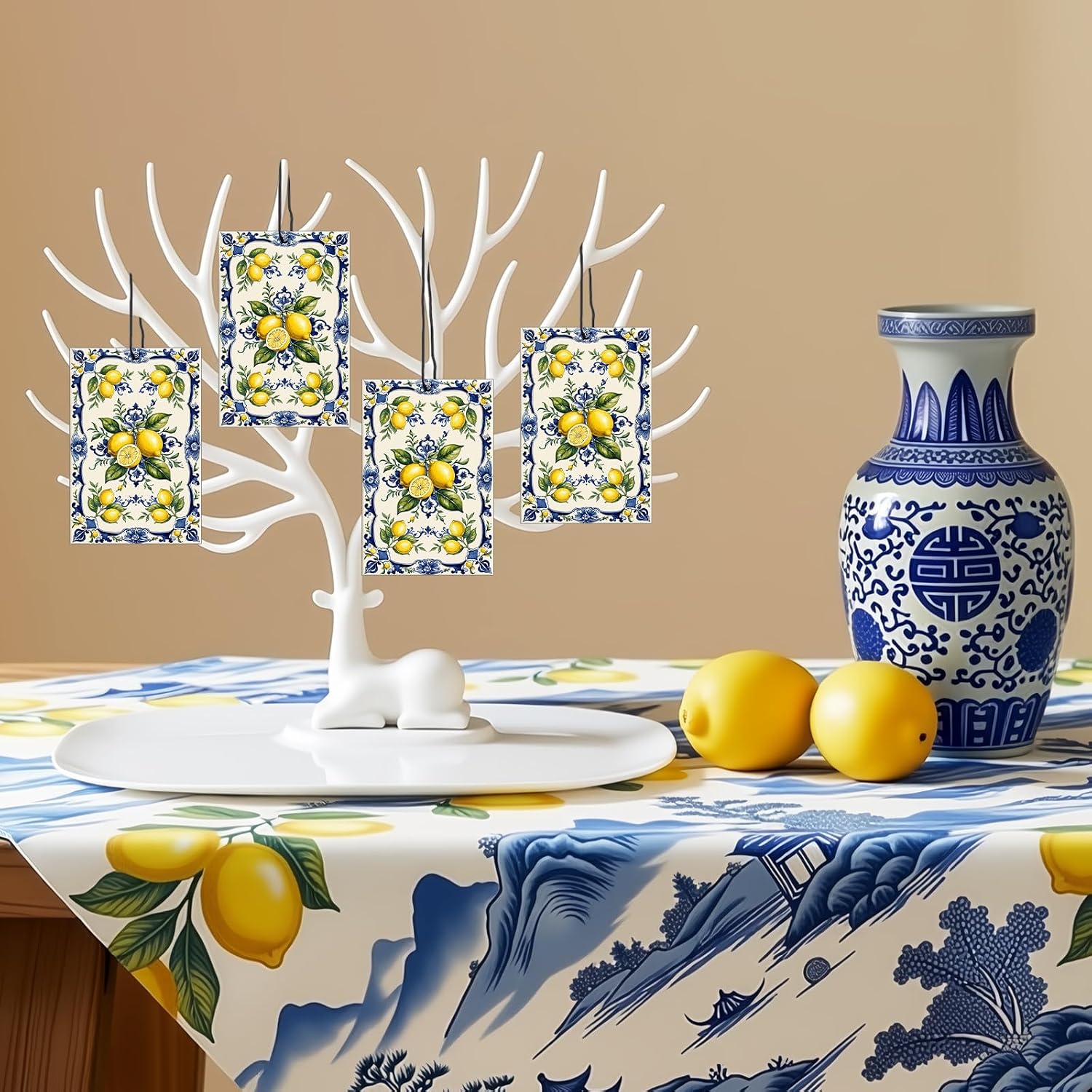 Siifert 20 Pcs Blue Tiles Lemon Car Air Fresheners Hanging Italian Lemons Car Decorations Lemon Air Freshener Long Lasting Scent for Auto Mediterranean Party Favors