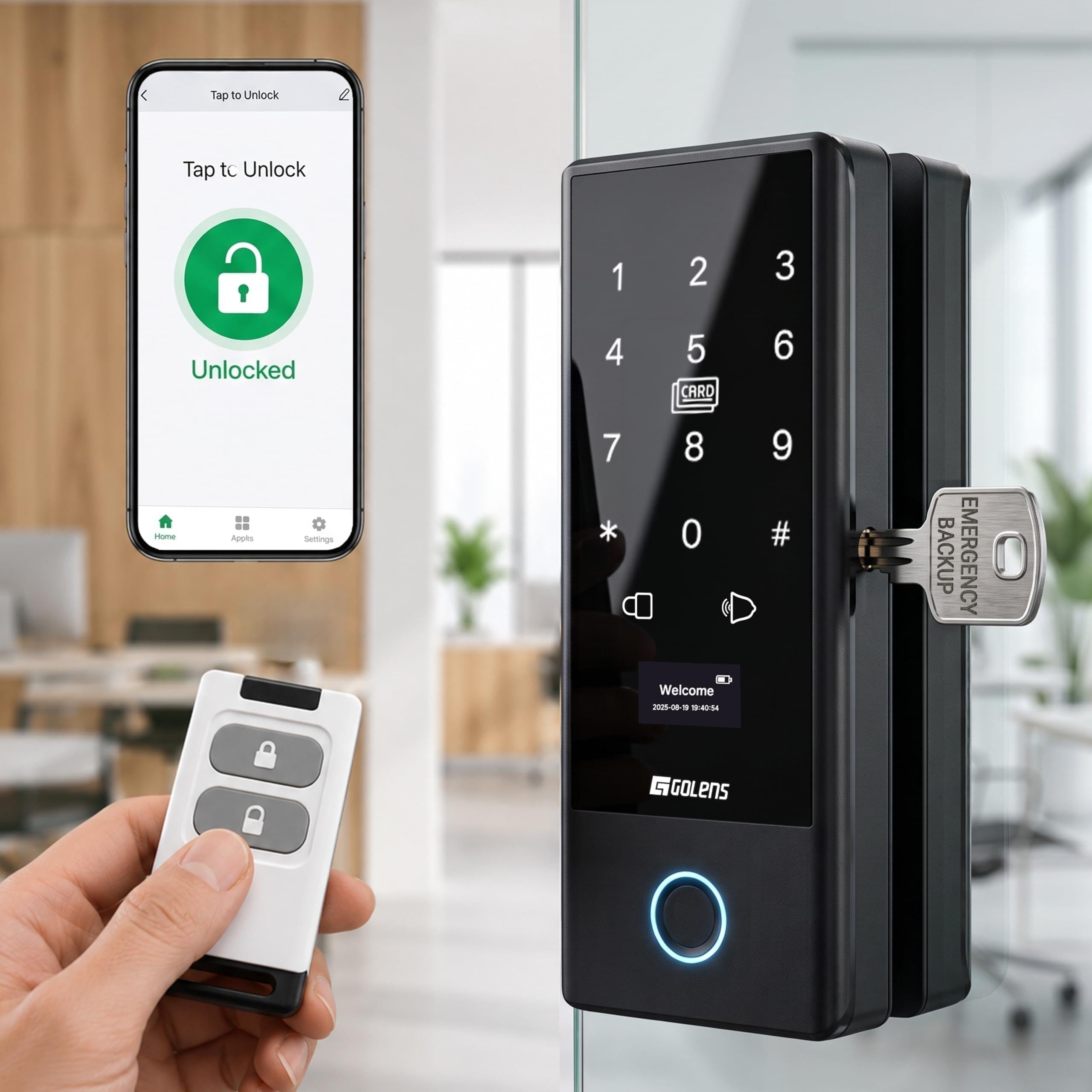 Golens X37N Smart Glass Door Lock for Home/Office | WiFi | 6 Ways Unlocking, Fingerprint, Remote, PIN, IC Card, Mobile App, Key | Digital Lock for Door | Standard Size 10-12 mm Thickness of Glass |