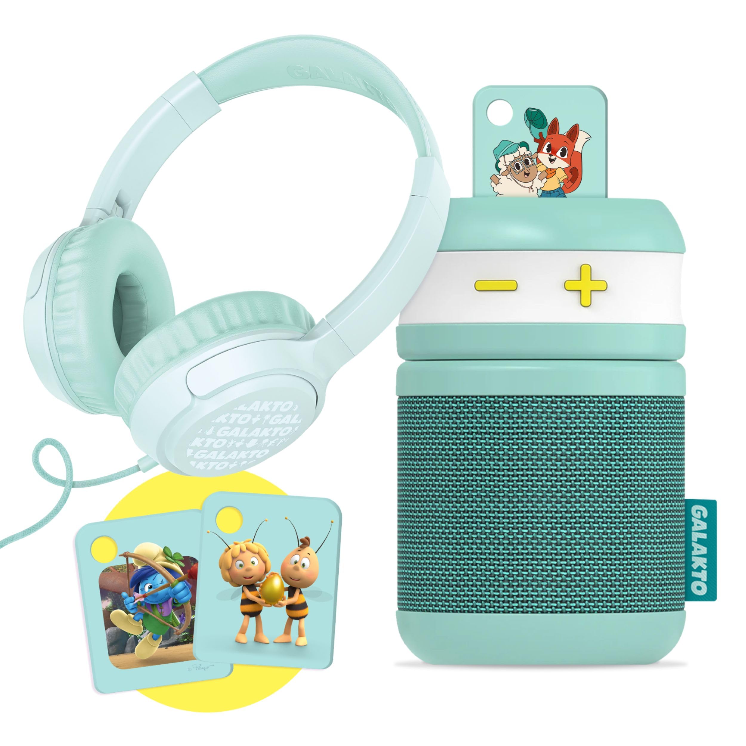 Galakto - Reproductor de música y Audio para niños para casa y de Viaje, Token Fox & Sheep + 2 Tokens adicionales (Abeja Maja/Los Pitufos) + Auriculares, sin Internet, batería de Larga duración