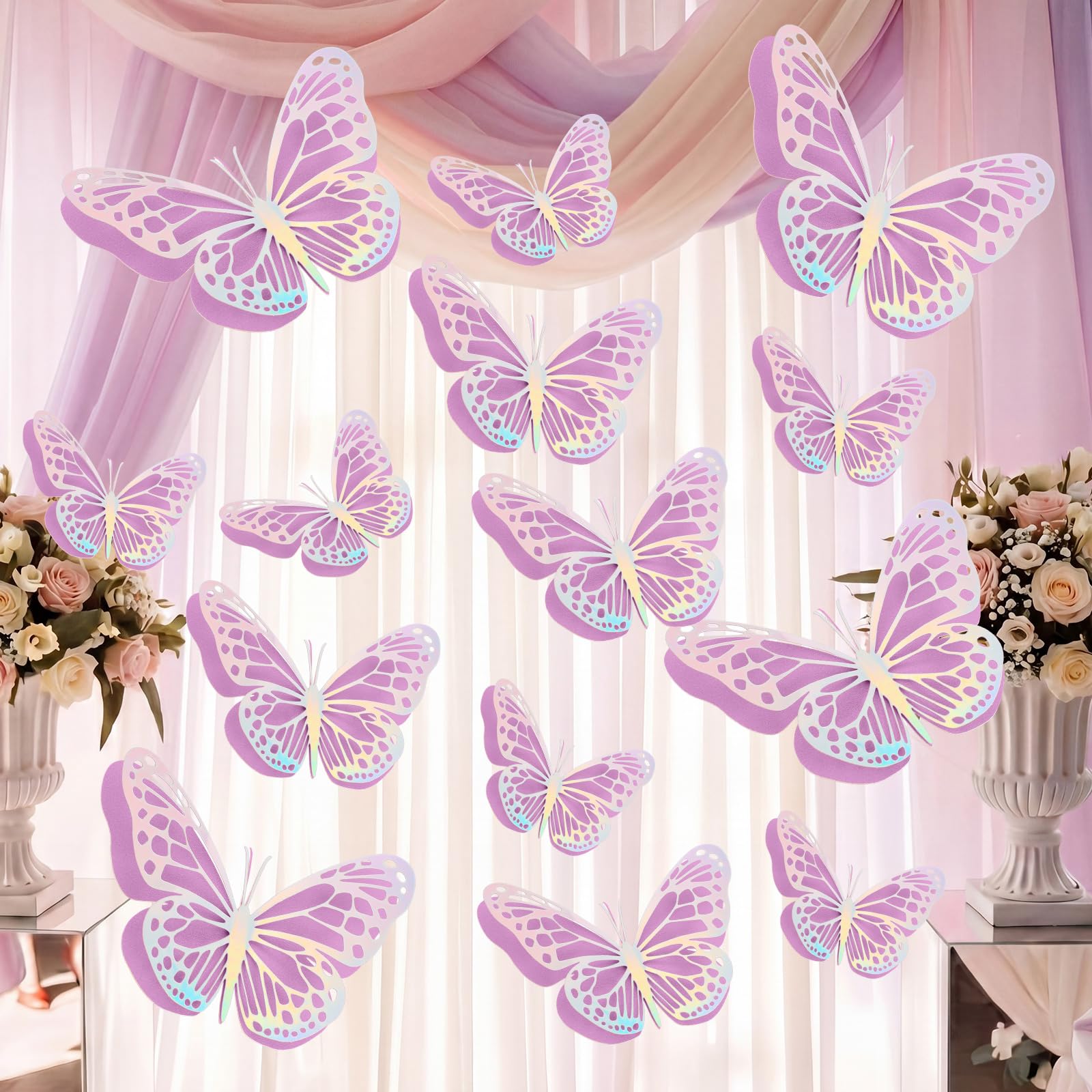 View 1 of 20 Pcs 3D Large Butterfly Decorations Stickers, Purple, Dazzling Silver