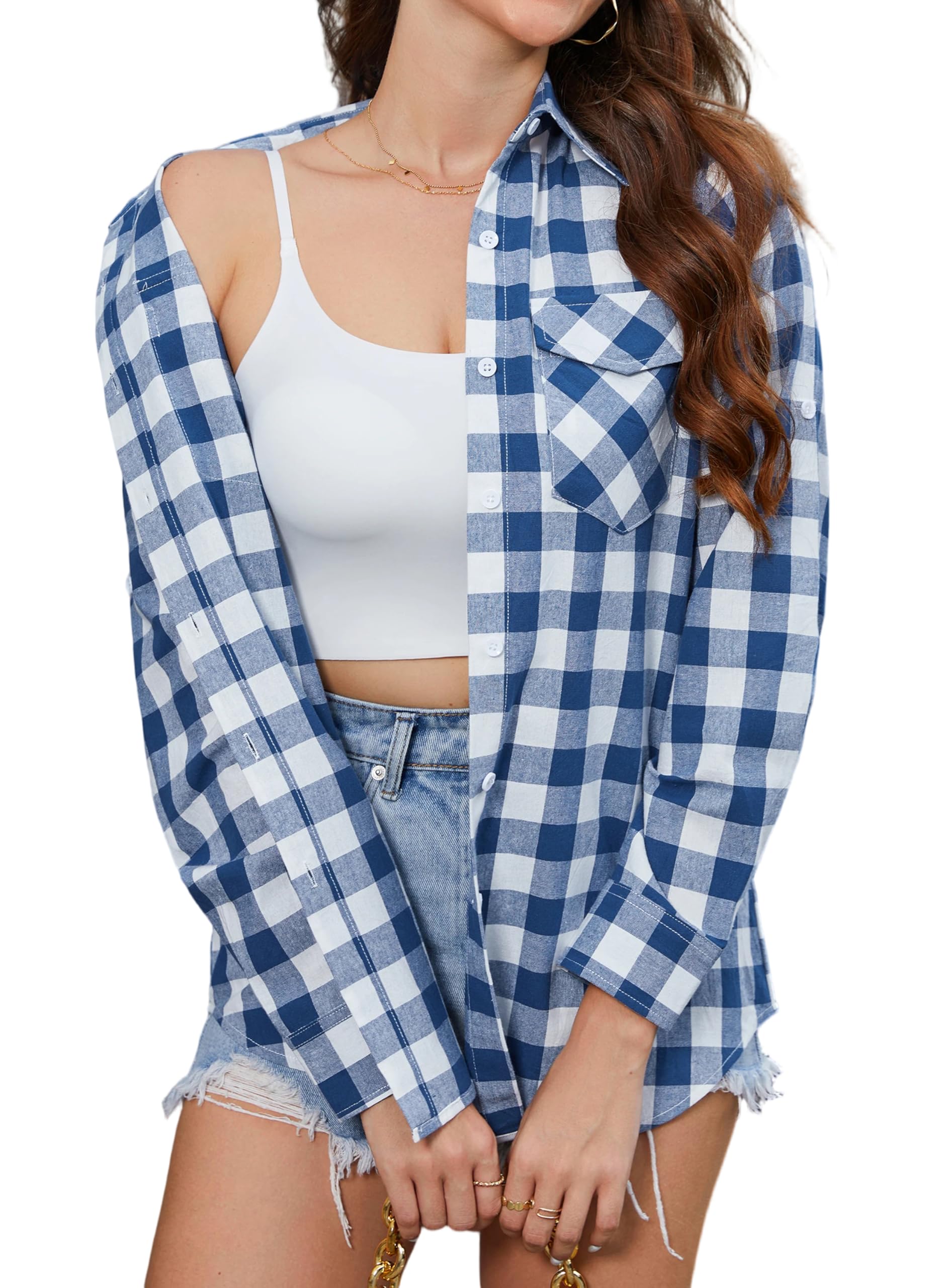Camisa Cuadros Mujer Manga Larga con Botones Camisas Leñador Mujer Blusa Top Enrollable Casual Clásica Oficina Fiesta con Bolsillos S-3XL