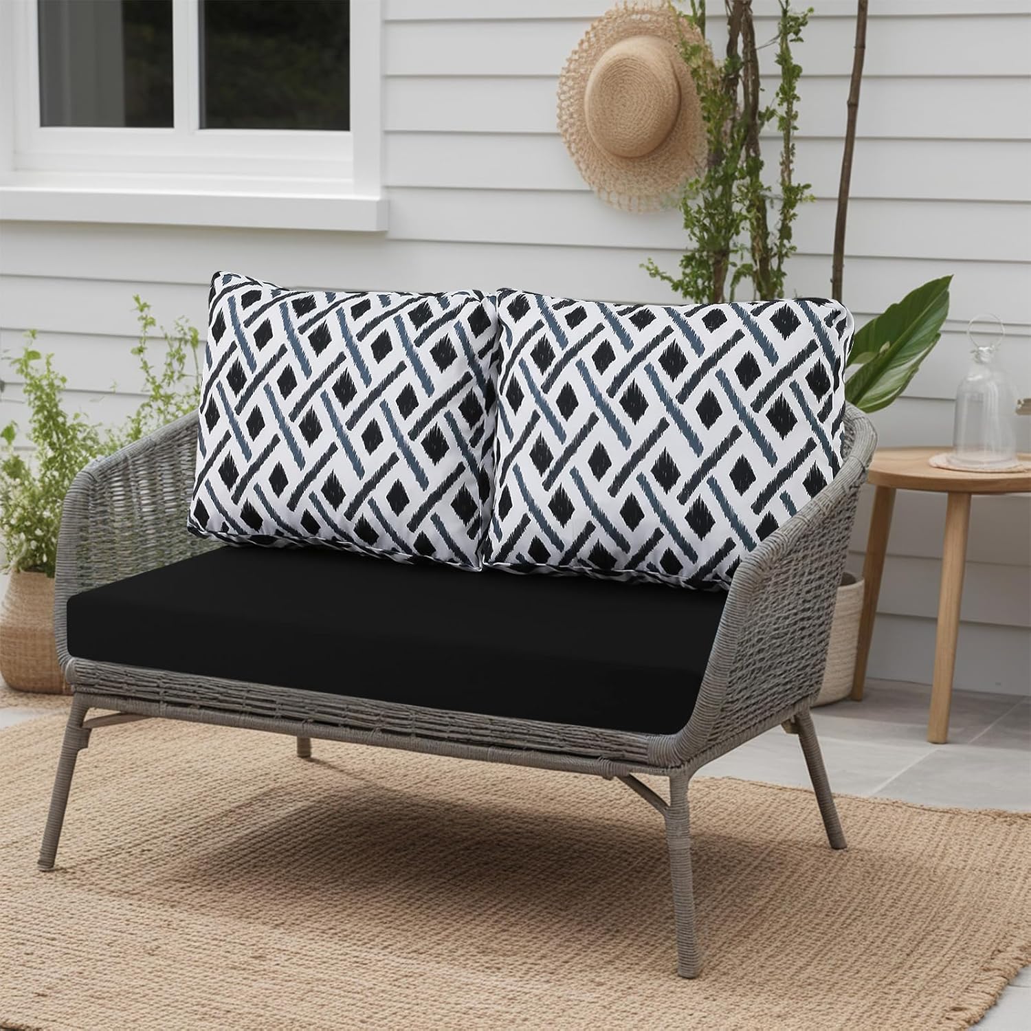 idee-home outdoor loveseat cushions for patio furniture, waterproof couch hampton bay deep seat cushion replacement set 46" x 26", patio love seat sofa cushions for porch garden chair, black ikat geo black 46x26 in