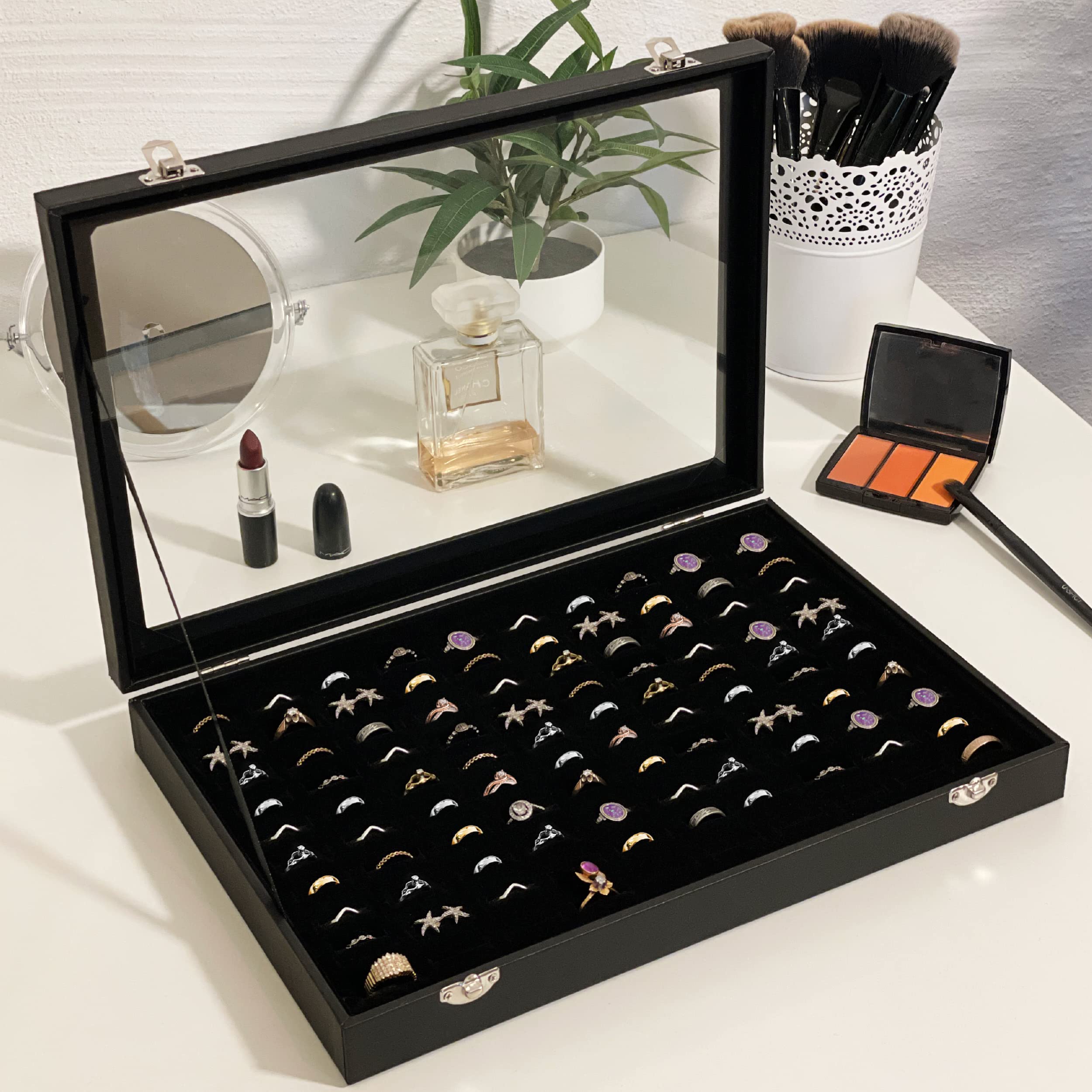 Praknu Boîte pour 100 Bagues en Cuir - Avec Couvercle Transparent - Protection contre la Poussière et les Rayures - Gain de Place