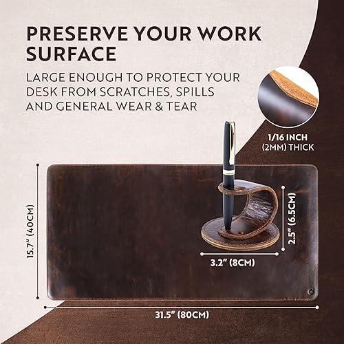 Miniatura 4 de moonster Almohadilla de escritorio de cuero 100% genuino con soporte para bolígrafo, protector de alfombrilla de escritorio para mesas de oficina,