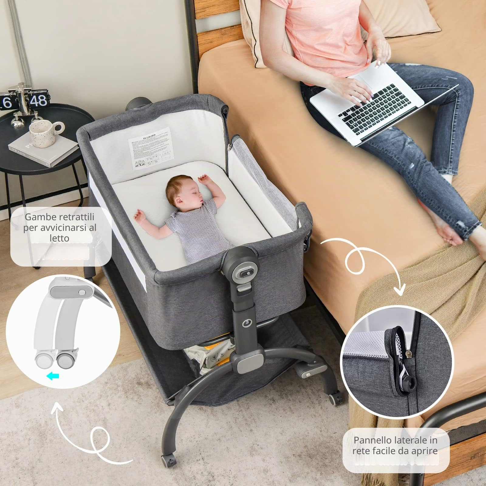 RELAX4LIFE Culla Neonato Fianco Letto, con Materasso, Zanzariera Cinghia Fissaggio, Regolabile In Altezza 7 Posizioni, Borsa di Trasporto, per Bambini 0-6 Mesi fino a 9kg (Grigio1)