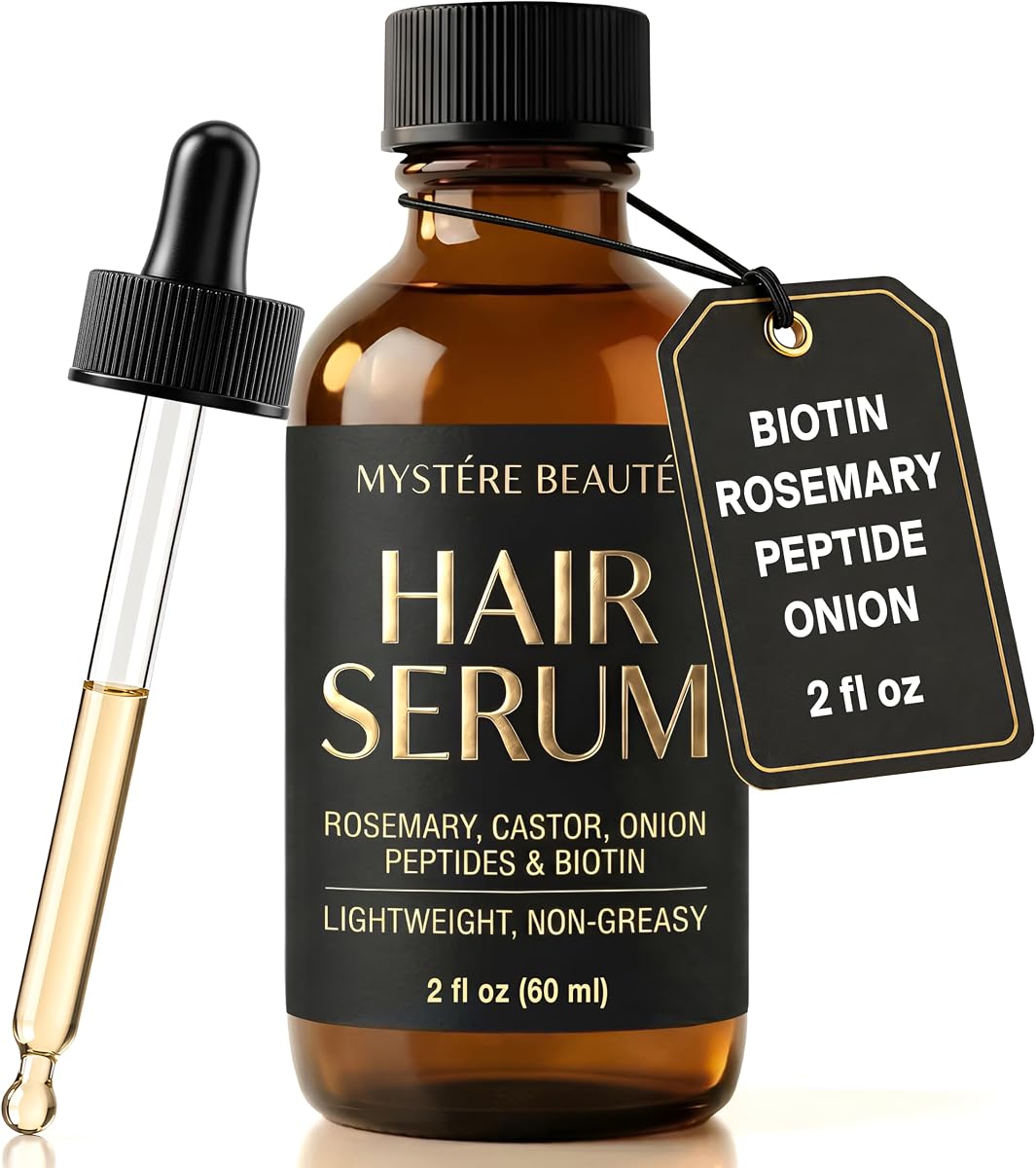 Biotin Hair Growth Serum for Damaged Hair - Lightweight Scalp Serum 2 Fl Oz | Infused with Peptides, Rosemary & Onion Extract - Daily Hydrating Treatment for Thinning Hair and Dry Scalp - MYSTERE BEAUTE