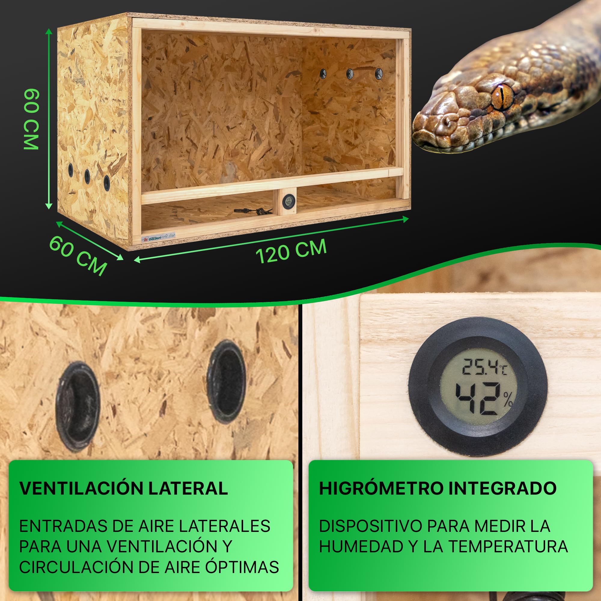 ITA Terrario de Madera 120x60x60 cm con ventilación Lateral e higrómetro Integrado - Terrarios de OSB-3 - para Reptiles, Serpientes, Anfibios - Producto UE, Certificado FSC
