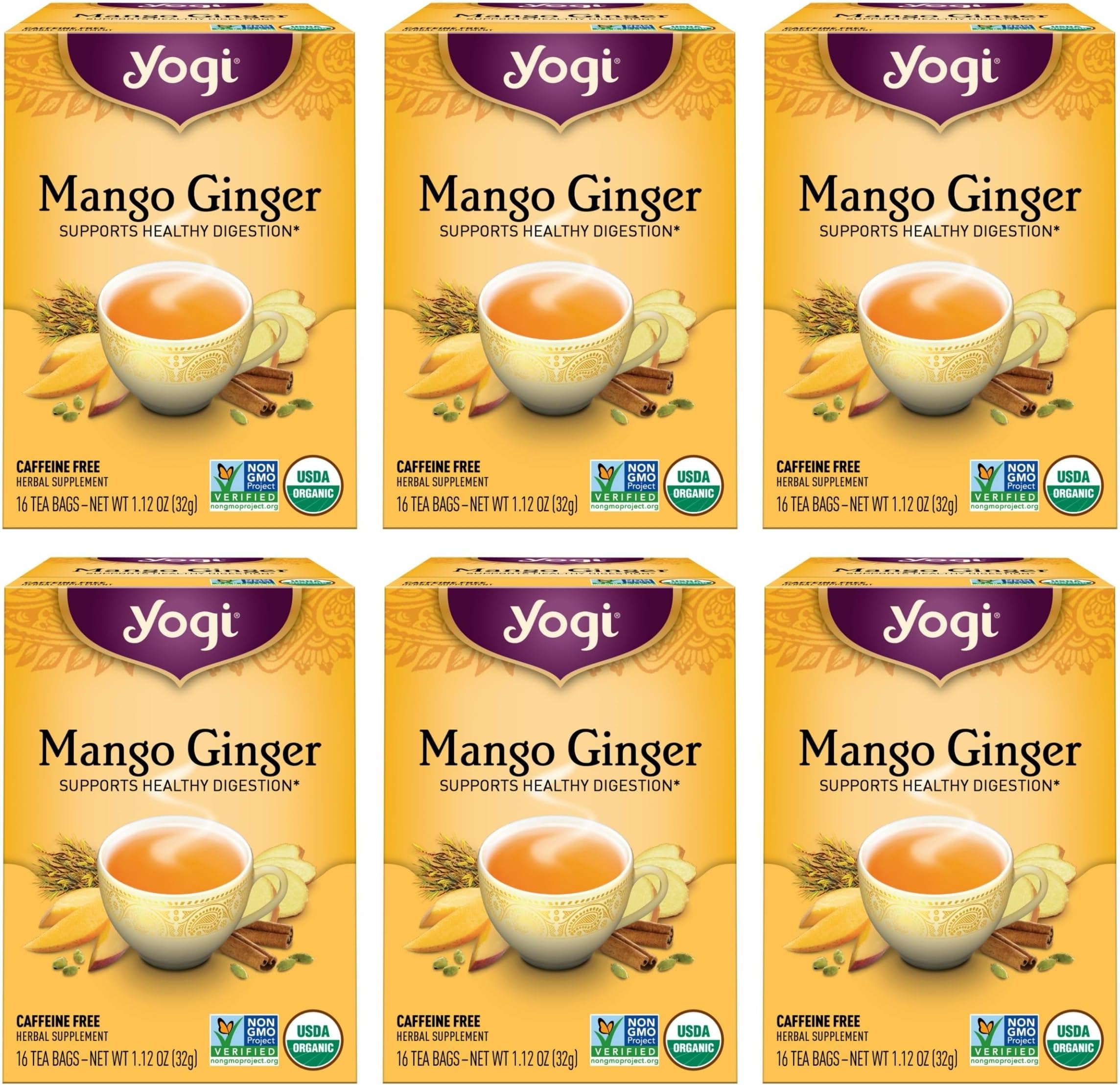 Tea Mango Ginger Tea - 16 Tea Bags per Pack (6 Packs) - Organic Ginger Root Tea to Support Healthy Digestion - Contains Antioxidants - Includes Cinnamon Bark, Rooibos Leaf, Mango Flavor & More