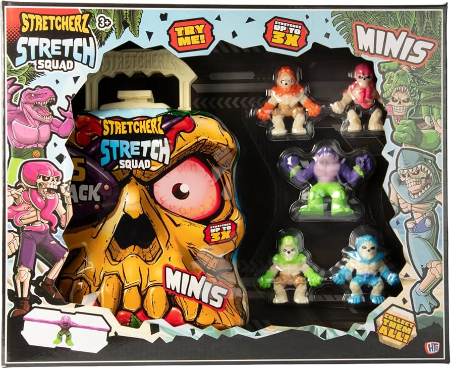 HTI Stretcherz Play Case With 5 Mini Stretch Toys for Kids | Stretchy Fidget Toy Set in Dino or Skull Case | Sensory Stress Relief Toy | Collectible Figures for Boys &