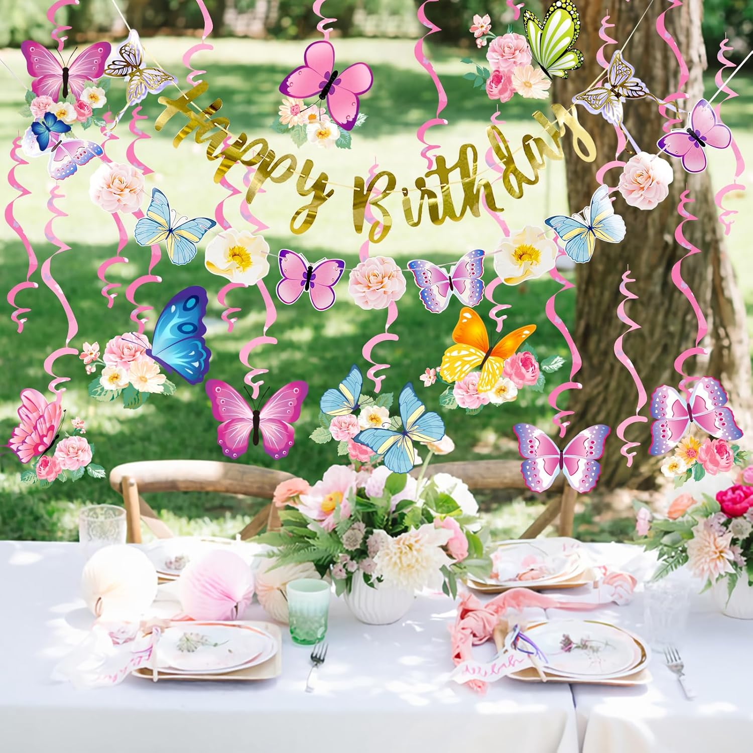 SUNBEAUTY Butterfly Birthday Party Decorations Pre-strung Birthday Banner Garland for Women & Girls Colorful Butterfly Hanging Swirls Decorations Summer Themed Ceiling Decor for Kids Bday party