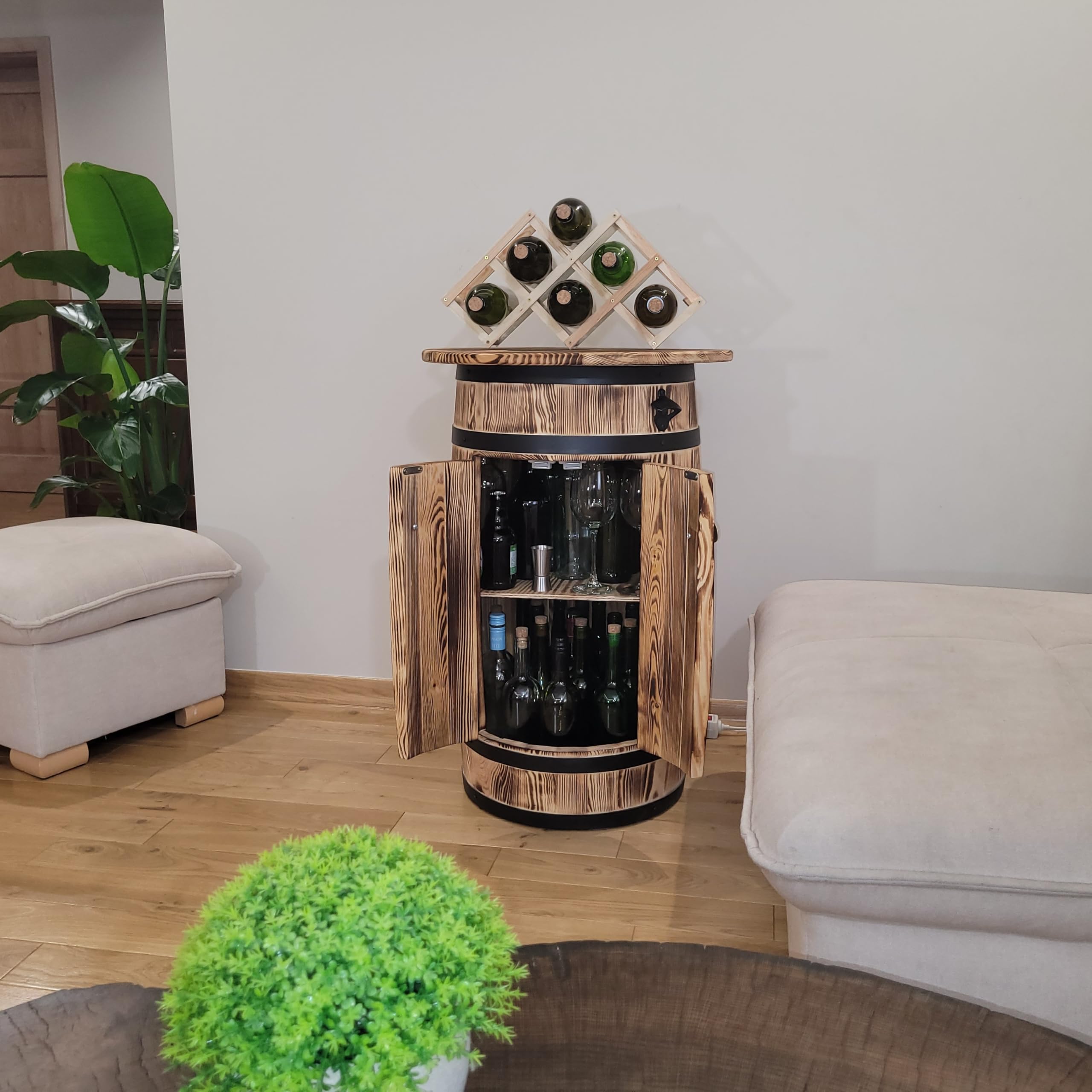 weeco Armoire en bois de pin en forme de tonneau avec étagère et étagère pour 30 à 40 bouteilles - Étagère de bar rustique avec décapsuleur et porte-bouteilles pliable - 80 x 55 x 44 cm - Marron