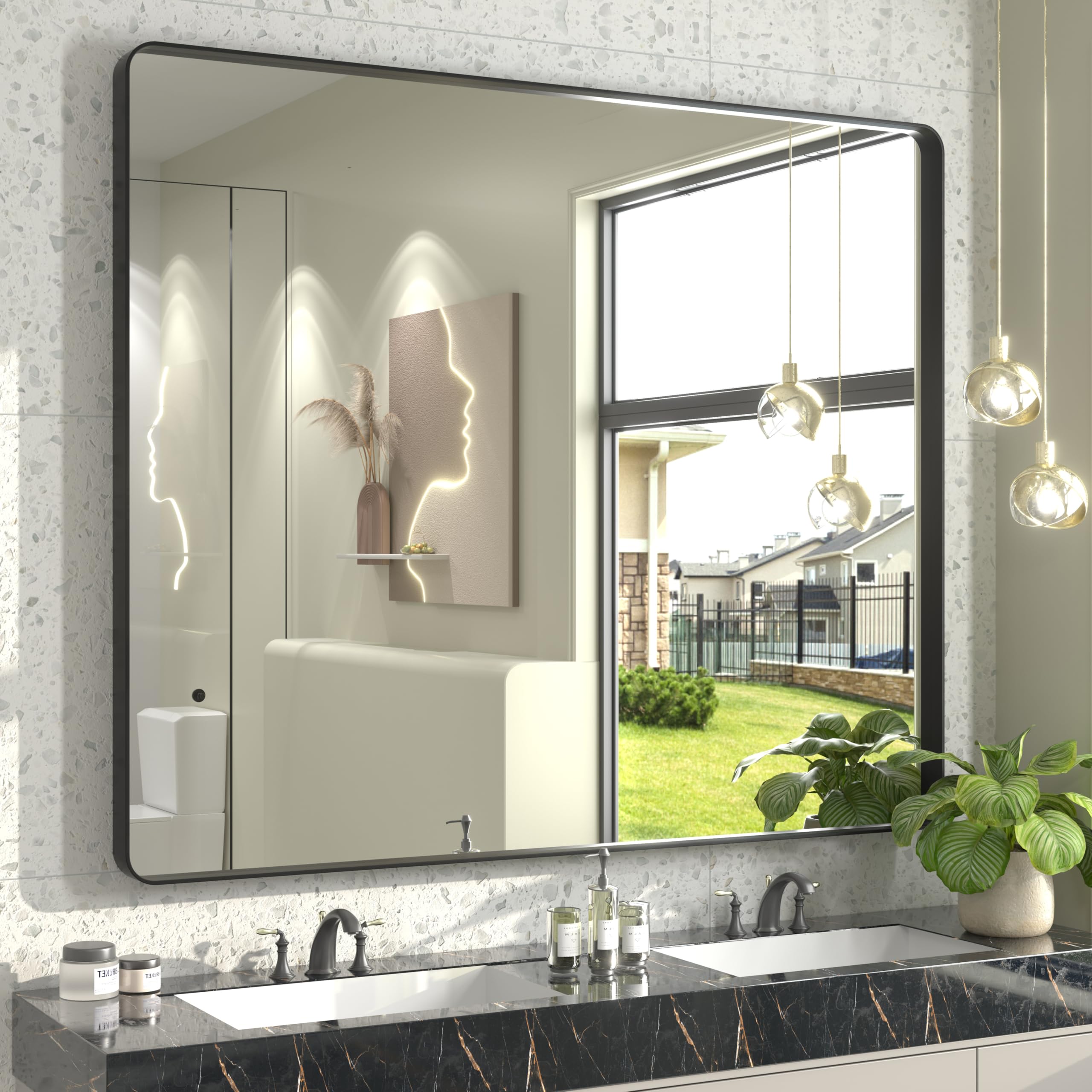 48x40 inch black metal framed bathroom mirror for wall, large rounded rectangle mirror, matte black bathroom vanity mirror, anti-rust, shatterproof, hangs horizontally or vertically