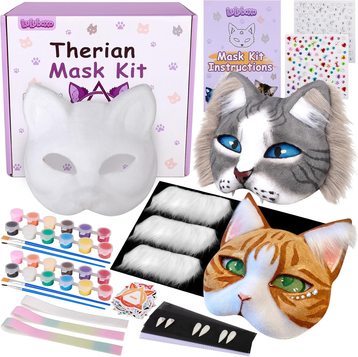 Therian Cat Mask Kit for 3, DIY Animal Mask Kit with Pre-Felted Bases & Fur