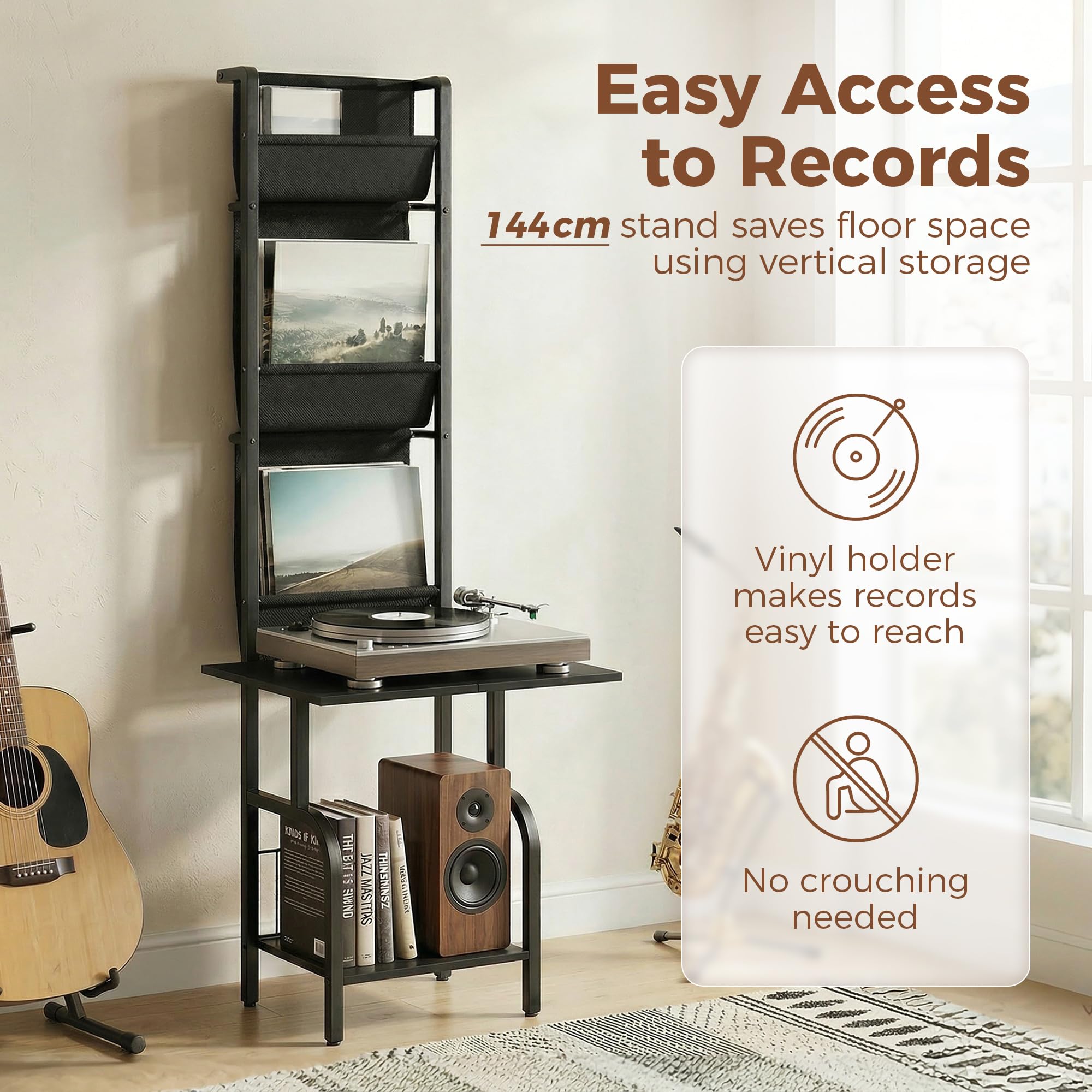 HOMCOM Almacenamiento de discos de vinilo con soporte para reproductor, soporte giratorio y estante de exhibición, unidad de almacenamiento de CD para hasta 40 CD, mesa de reproductor de discos para