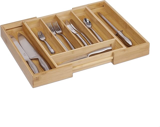 Relaxdays Adjustable Bamboo Tray, Extendible, with 5 to 7 Compartments, Size: 5 x 48.5 x 37 cm, Drawer Insert, Natural Brown