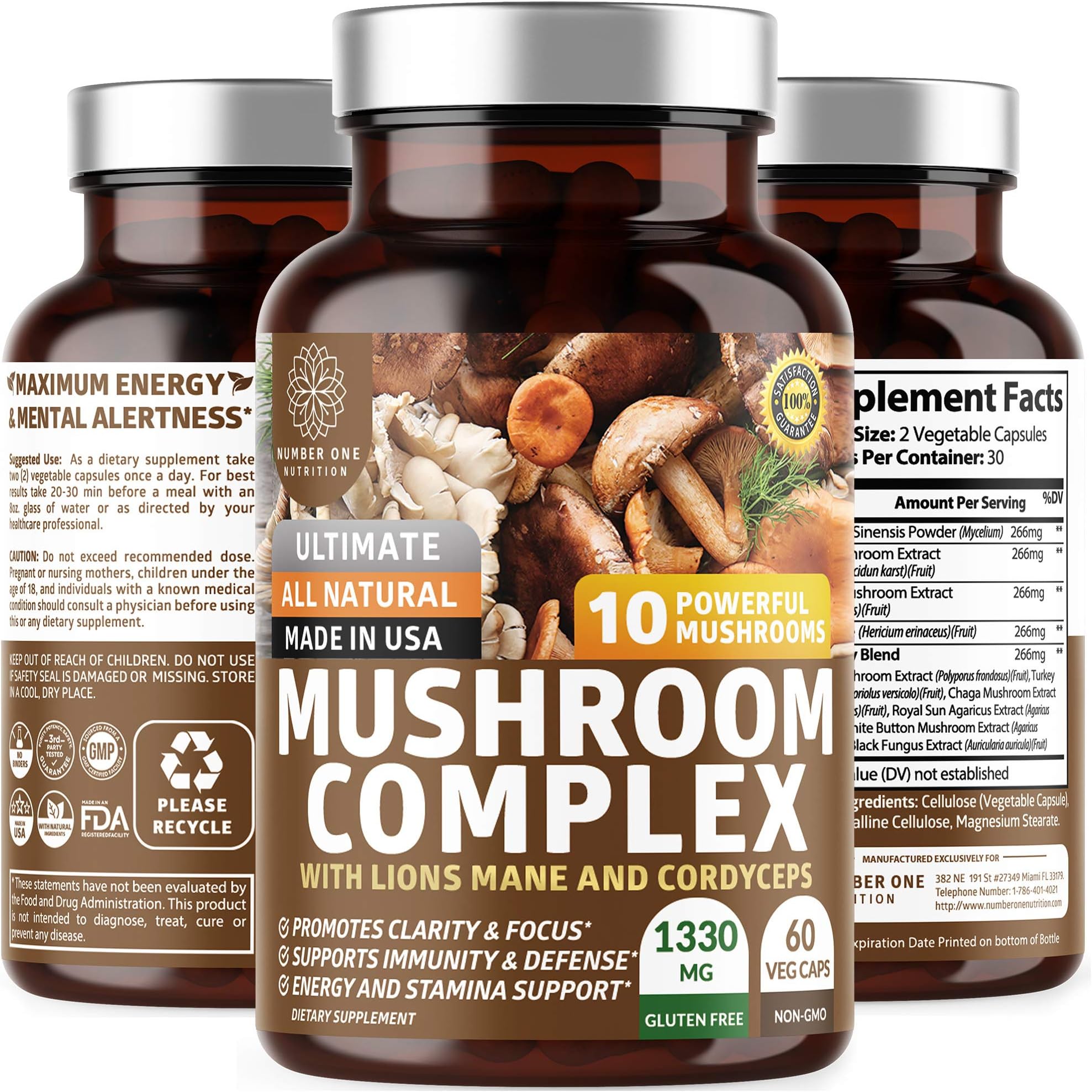 N1N Premium Mushroom Complex [10X Powerful Mushrooms] with Reishi, Lions Mane, Cordyceps, Chaga, Turkey Tail and Maitake to Support Health, Brain Functions and Energy Levels, 60 Veg Caps