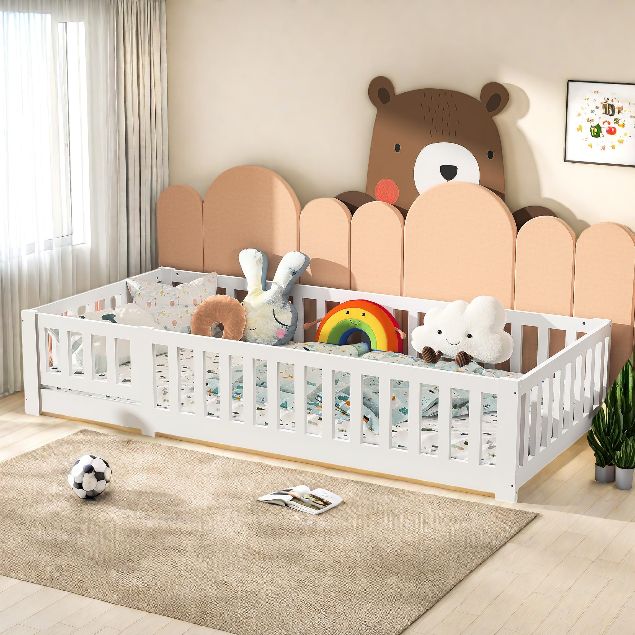 Cama infantil con barrera 90 x 200 cm, cama en el suelo con seguridad y somier de láminas, cama Montessori, madera maciza Pin, para habitación de niños y niñas, color blanco