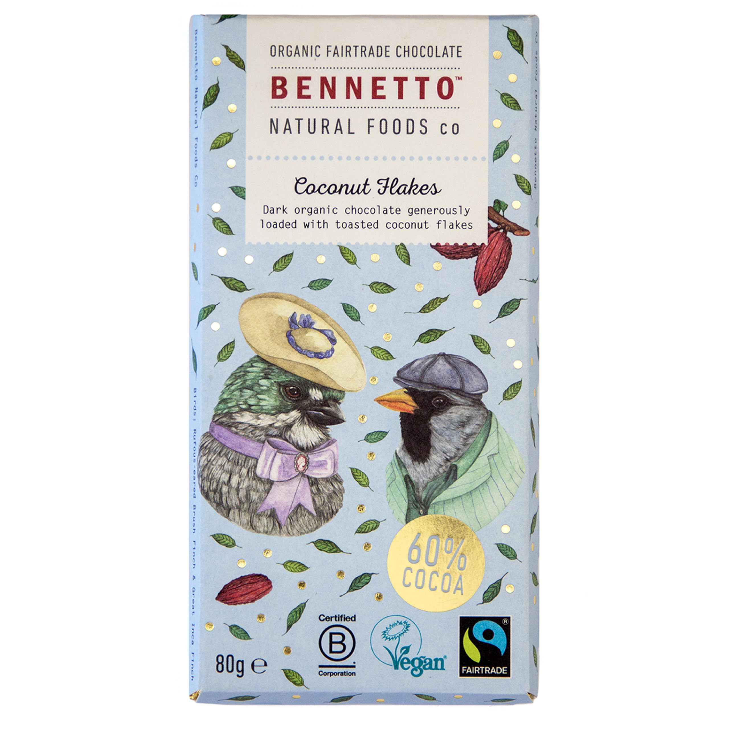 BENNETTO | Coconut Flakes | Dark organic chocolate loaded with toasted coconut flakes. 60% cocoa. Certified organic, Fairtrade, and net climate positive. 1x 80g Bar
