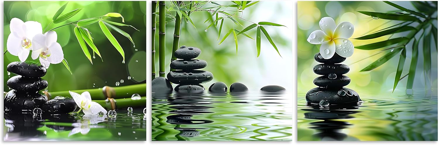 TutuBeer 3 Panels Zen Canvas Wall Art Spa Wall Art Spa Stones White Orchid Flower and Green Bamboo Pictures Prints on Canvas for Home Office Wall Decor Stretched and Framed Each Panel 12x12inch