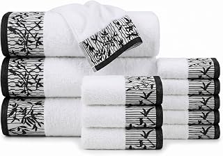 Superior Floral Jaquard Cotton Bathroom Towels, 12pc Towel Set, White/Black | Soft Absorbent Quick Dry Terry Weave, Hotel Quality, Wisteria Towels Includes 3 Bath Towels, 3 Hand Towels, 6 Washcloths