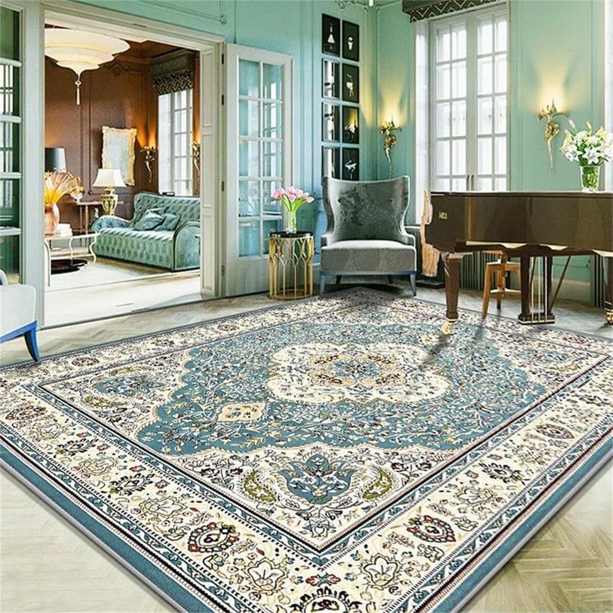 Tapis chambre adulte bleu flou au design imprimé traditionnel raffiné