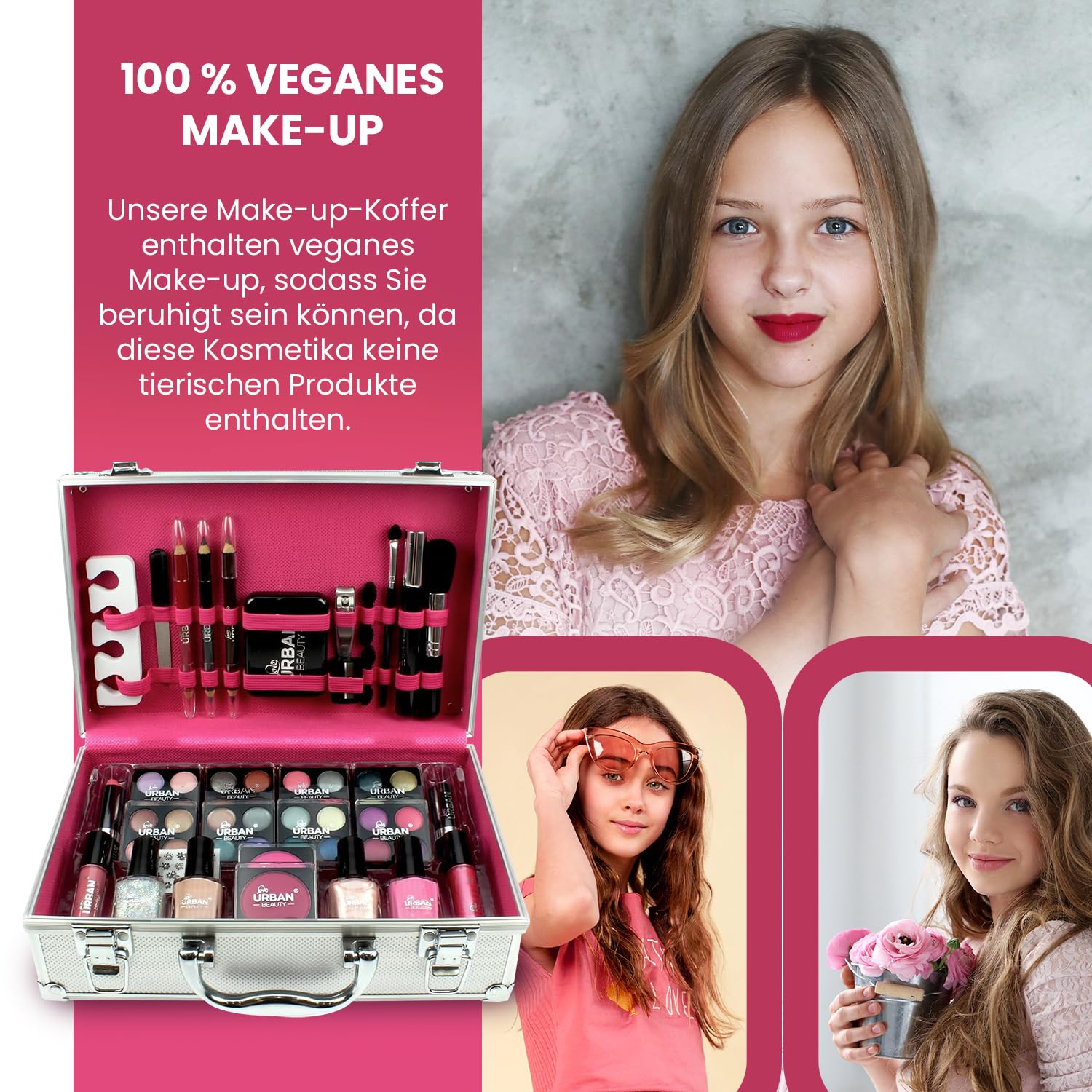 LOVE URBAN BEAUTY Veganes Glänzender Schminkkoffer - 60-teiliges Schmink- und Nagelset für Teenager - Elegante silberne Box - Kompaktes und leichtes Design - Reisefreundliches Schminkset für Frauen