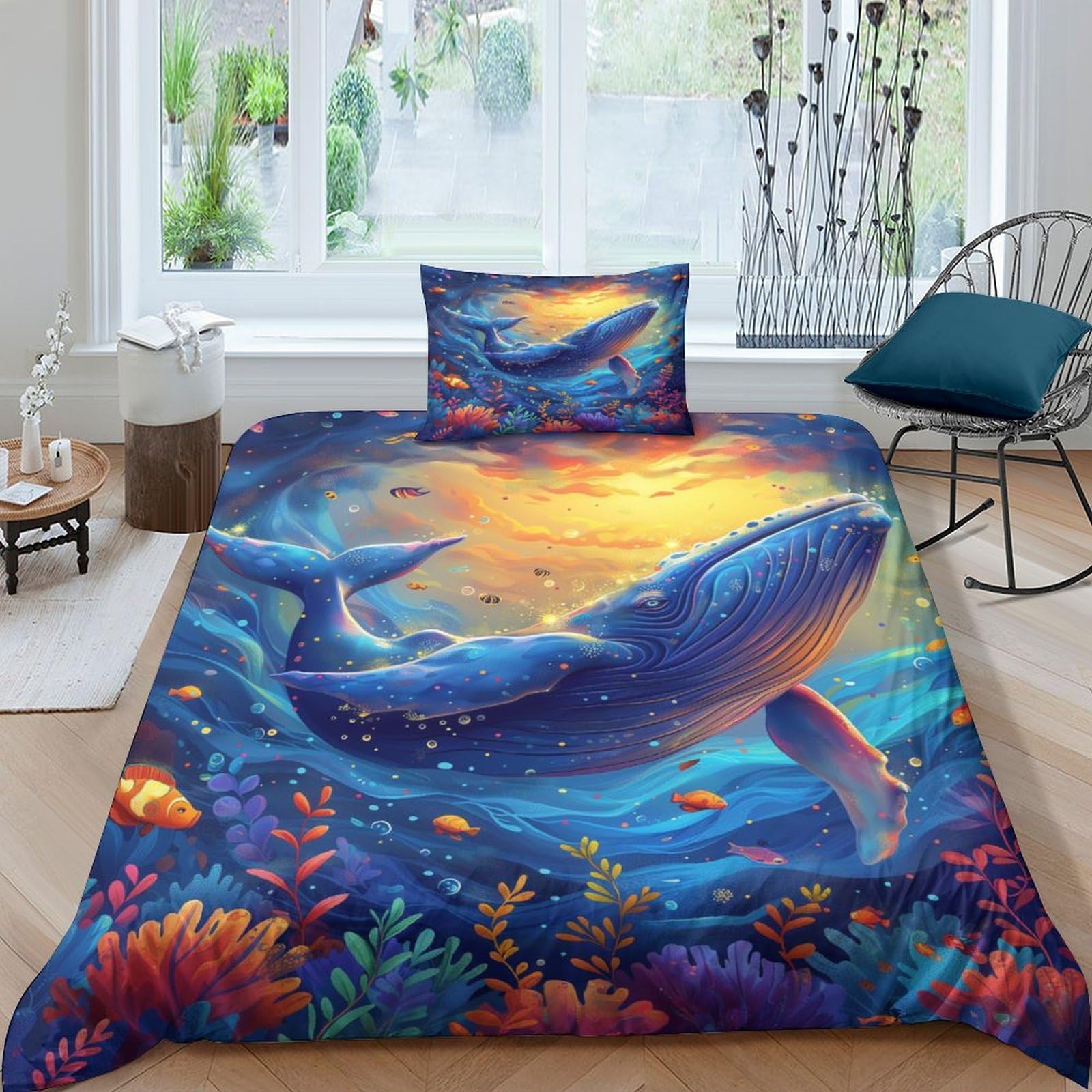 Parure de couette motif baleines pour décoration chambre d'enfant marine