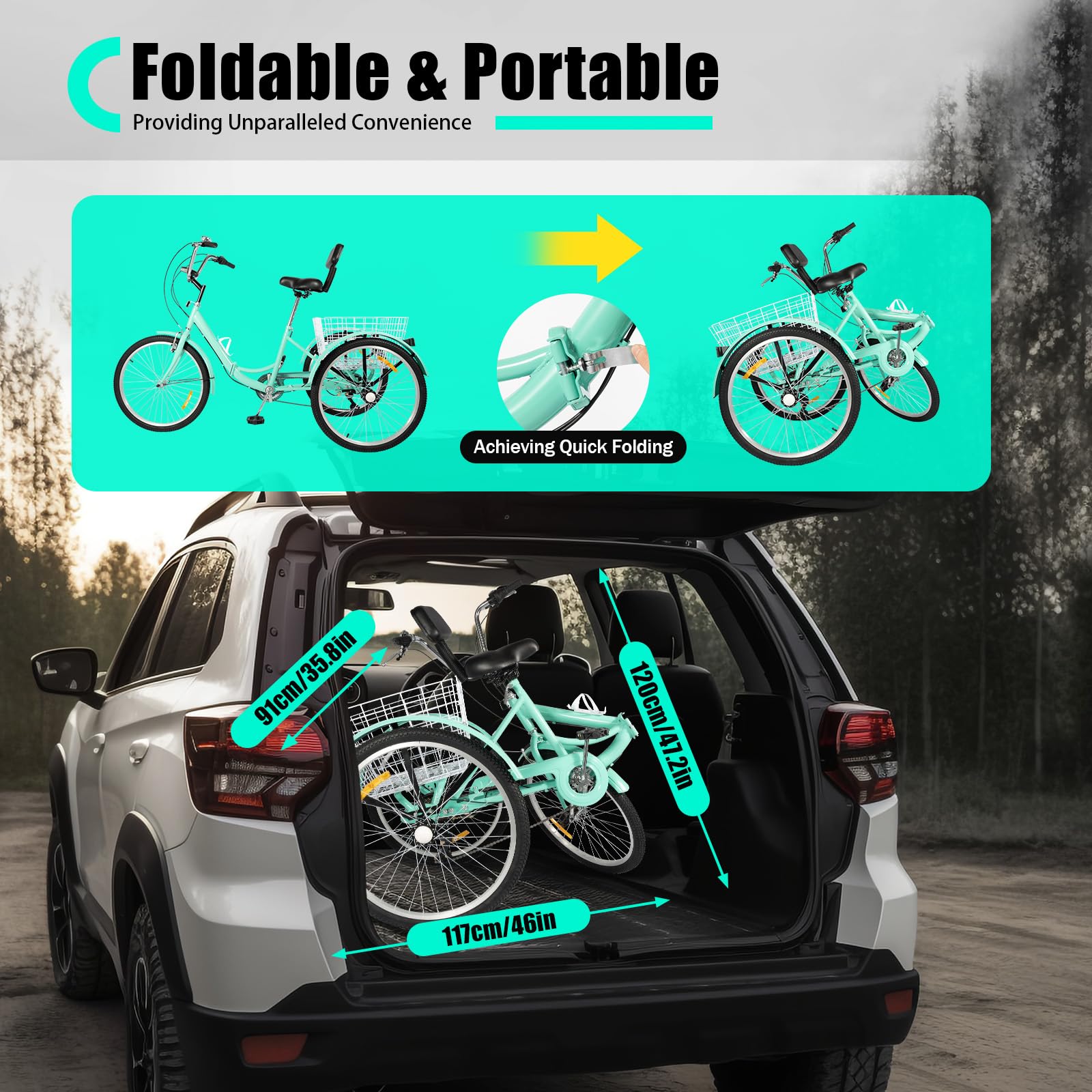 Triciclo para adultos, 24 pulgadas, 7 velocidades, plegable, con soporte para bebidas, luz frontal, 3 ruedas, 210 kg, compras y ocio, color verde