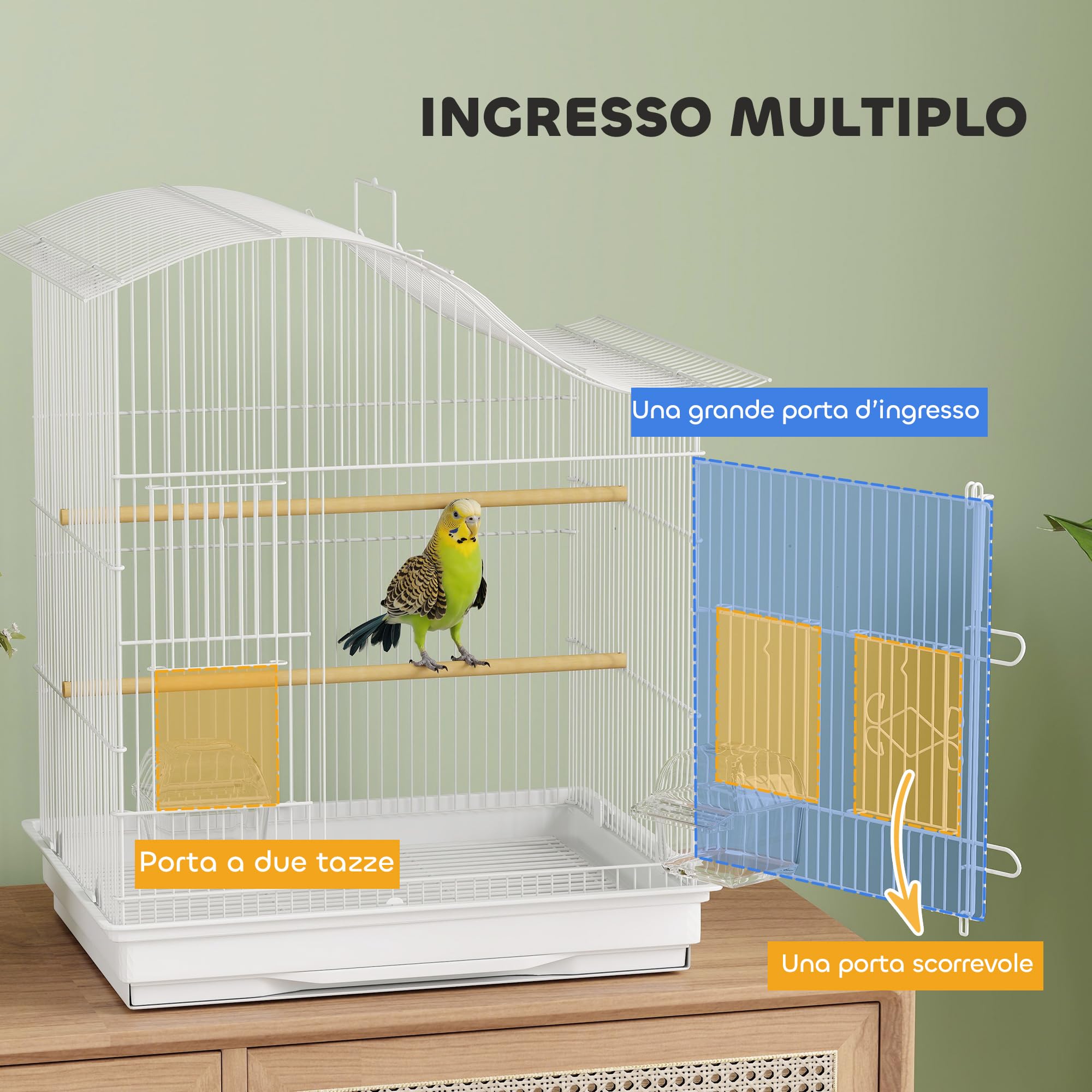 PawHut Gabbietta per Uccelli a 4 Ingressi con 2 Ciotole, 2 Posatoi e Vassoio Estraibile, Voliera in Metallo e Plastica, 47.5x36x54.5 cm, Bianco