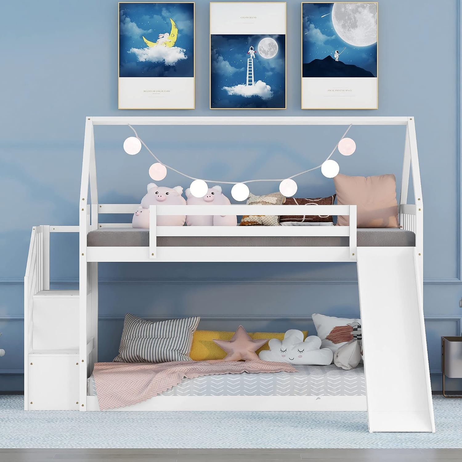 Harper & Bright Designs House Bunk Bed Twin Over Twin, Kids Bunk Bed with Stairs and Slide, Wooden Twin Bunk Bed for Girls Boys, No Box Spring Needed, White