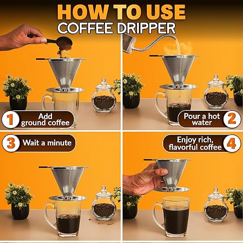 Miniatura 6 de Cafetera de acero inoxidable con cepillo de limpieza y mango de silicona antideslizante, capacidad de 2 tazas de acero inoxidable para verter sobre