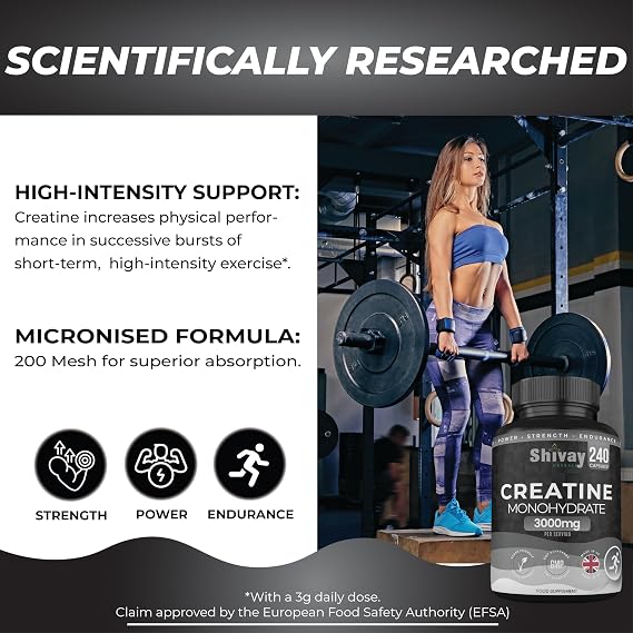 Creatine Monohydrate 240 Vegan Capsules – 3000mg per Serving | High Strength Pure Micronised Creatine | Muscle Strength, Power & Endurance - Made in UK by Shivay Herbals