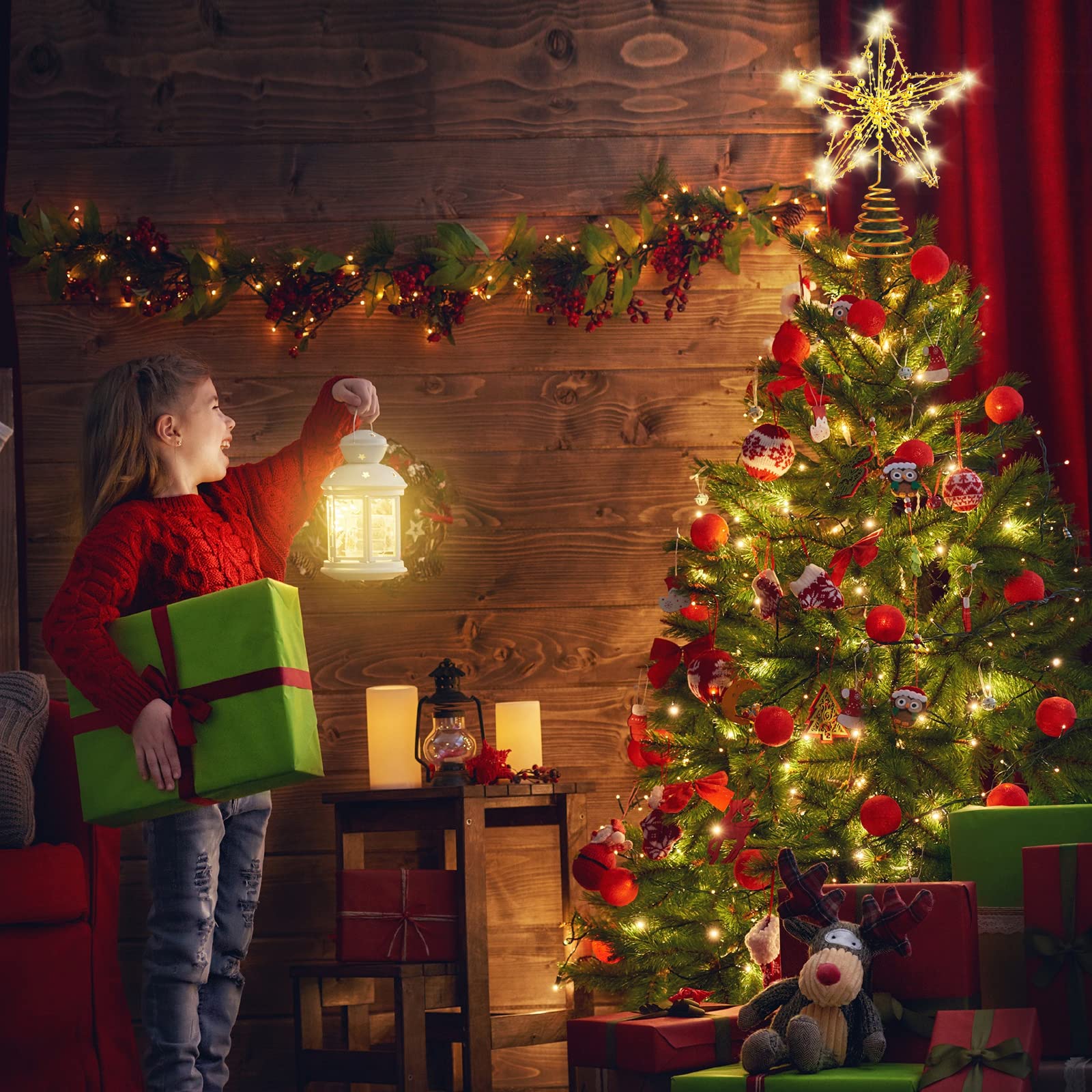 XZXWZX Kerstboomtopper, LED-sterboomtop met witte sneeuwvlok, verlichte pentagram-sneeuwboomtop met 20 minilampjes voor kerstboomversieringen (27 * 22CM) (gemiddelde grootte